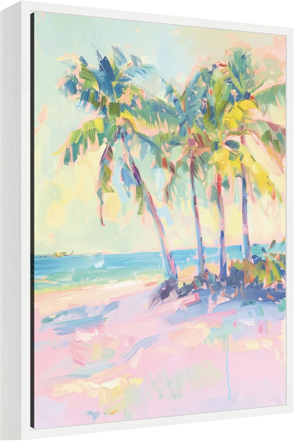 Kate and Laurel Framed Canvas Wall Art Print Beach Palm Tress Oil Painting by Honey Island Studio, 18 x 24 Sylvie White Frame, Coastal, Beach Art for Wall Decor