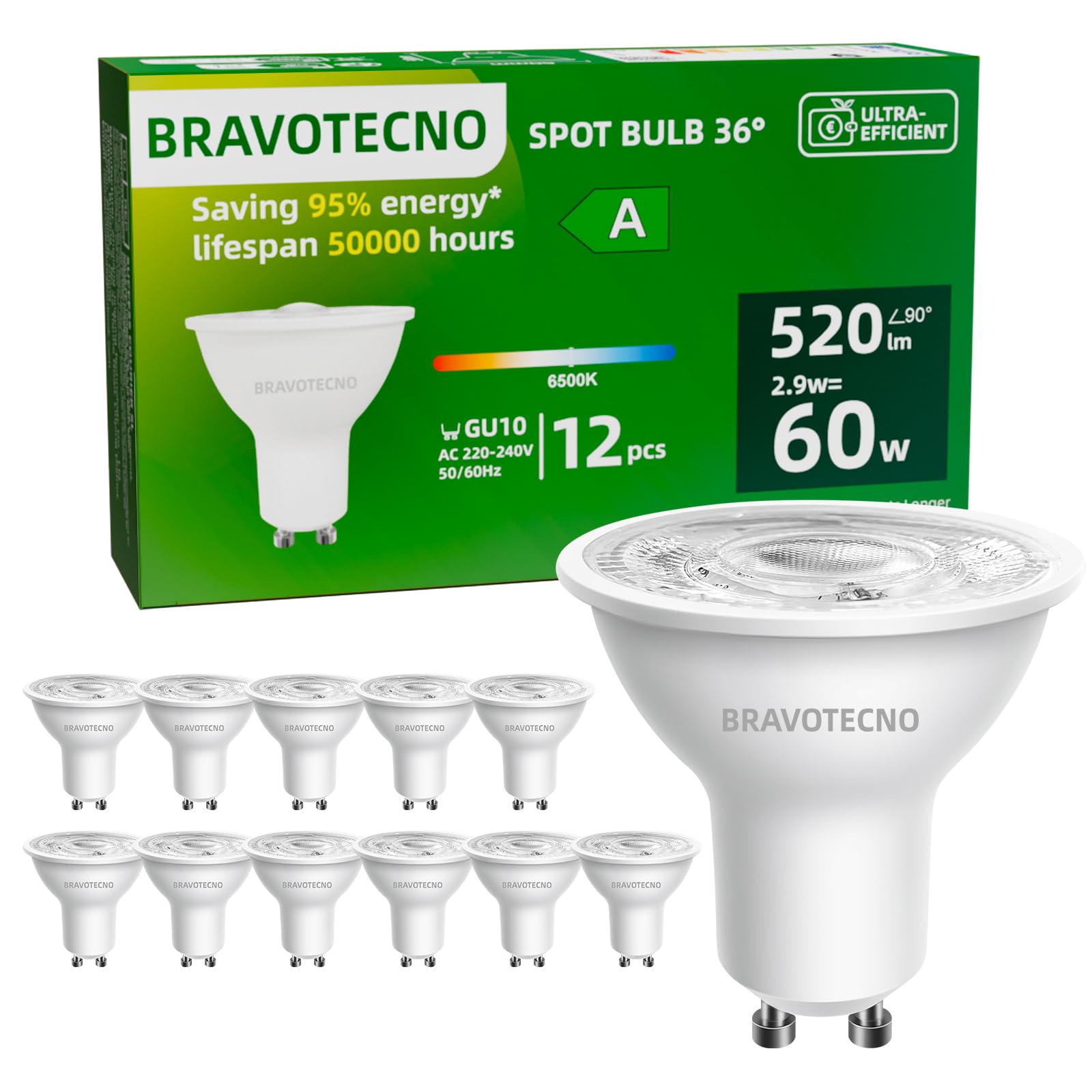 bravotecno GU10 LED Glühbirne, Energieklasse A LED Kaltweiss, 6500K 2.9W 520LM GU10 Spot Kaltweiß Leuchtmittel Entspricht 60W, 36° Abstrahlwinkel, Nicht Dimmbar, Wärmearm & Langlebig, 12 Stück