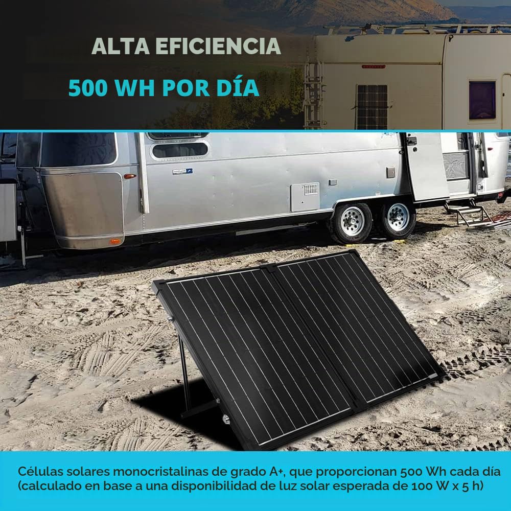 Renogy Panel Solar portátil de 100 W y 12 voltios para Central eléctrica, Maleta Plegable de 100 W con Soporte Ajustable, Cargador Solar para Caravana, Camping, Sistema Fuera de la Red, Color Negro