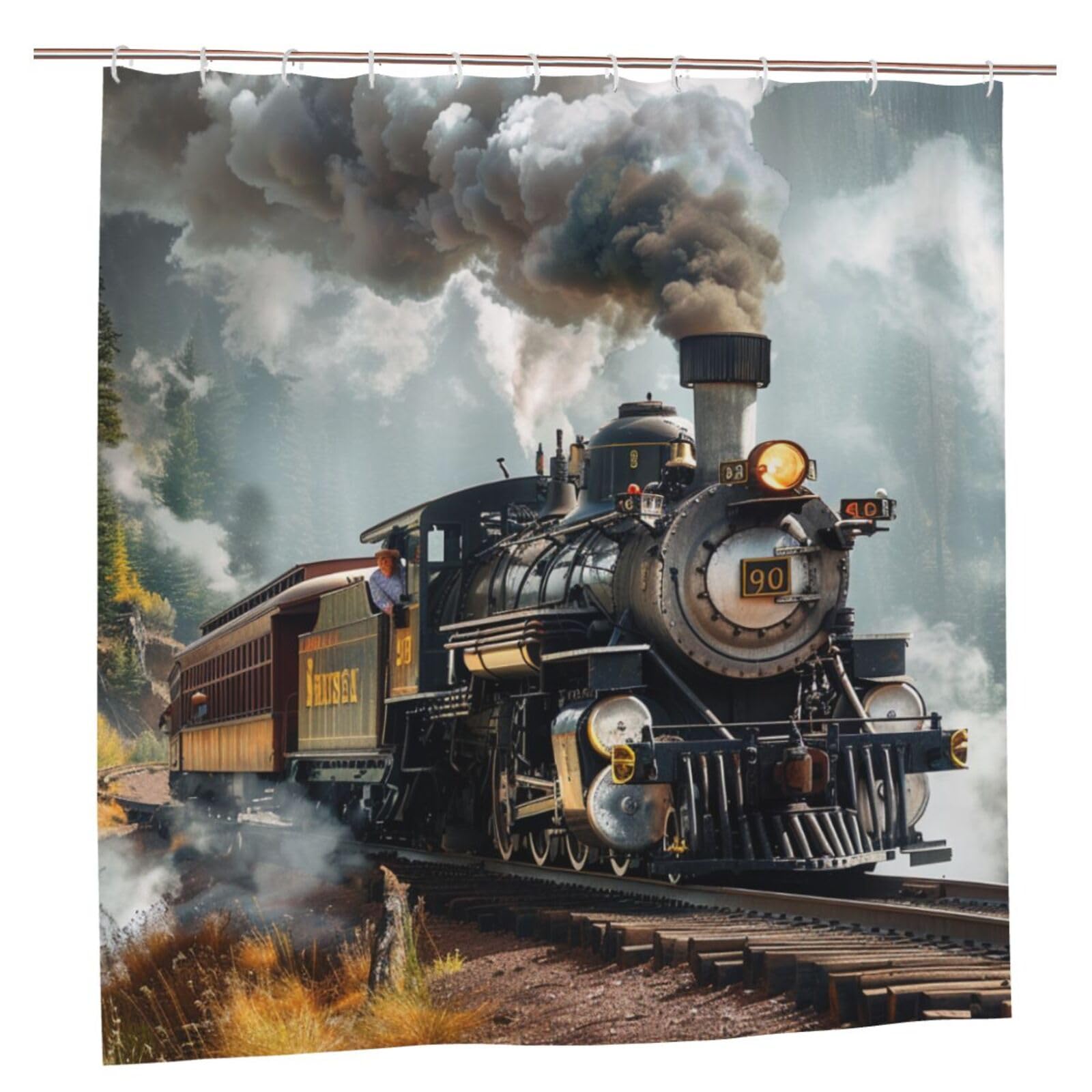 BWWHCCTI Steam Train Printed Shower Curtain With 12 Plastic Hooks Opaque Quick Drying Waterproof Shower Curtains Sets For Bathroom 183x183 CM