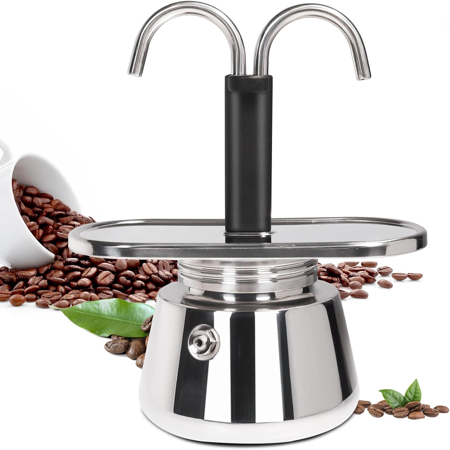 2 Cup Dual Pipe Moka Pot Uncoated Stainless Steel Stovetop Espresso Maker with 20cm/7.9in Induction Cooker Adapter Plate Stainless Steel Heat Sink