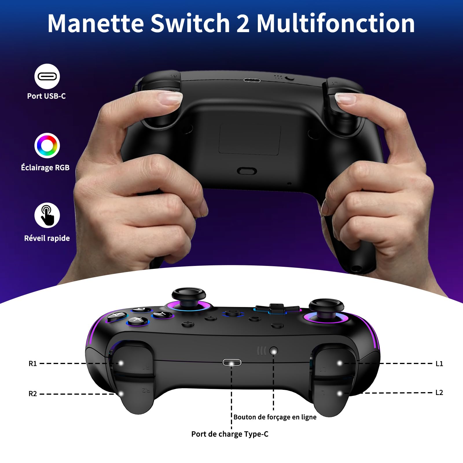 Reddening Lot de 2 Manette Switch 2 avec Station de Charge, Manette Switch pour Switch 2/Switch/Lite/OLED/PC, Manette Switch 1 avec RGB/Réveil/Gyroscope/Double Vibration/Turbo/Capture