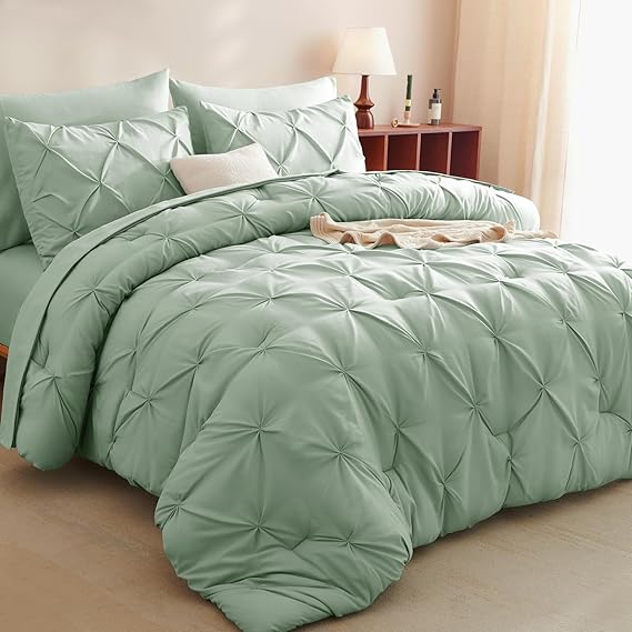 CozyLux Twin Comforter Set with Sheets Sage Green, 5 Pieces Pintuck Bed in A Bag, Twin Bed Set Gift for Family, Pinch Pleat Bedding Set with Comforter, Sheets, Pillowcase & Sham
