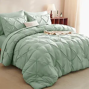 CozyLux King Size Comforter Set Sage Green, 7 Pieces Pintuck Bed in A Bag Green Comforter King Size, Pinch Pleat Bedding Set with All Season Comforter, Sheets, Pillowcases & Shams