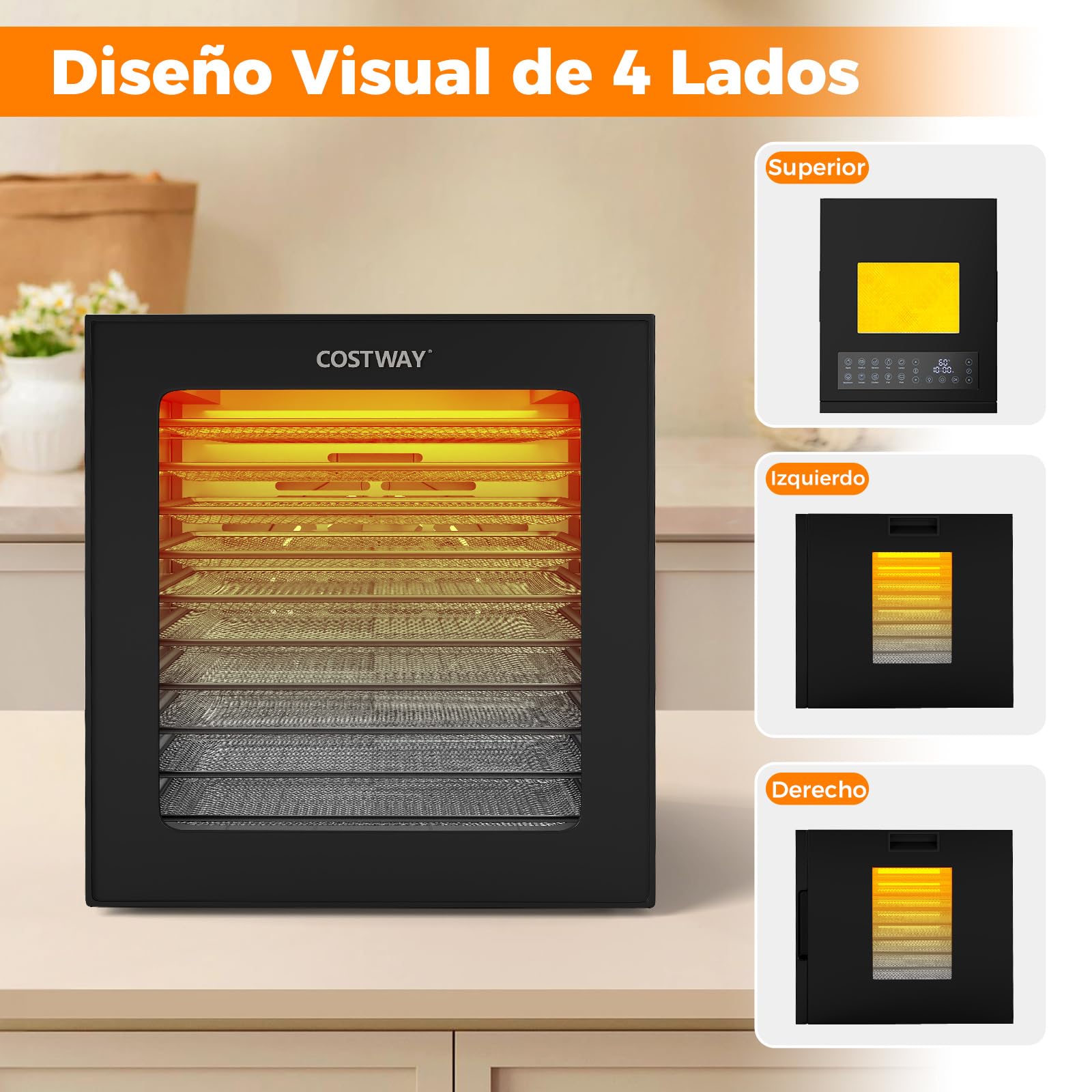 COSTWAY Deshidratador de Alimentos, Secador con 10 Bandejas de Acero Inoxidable, 10 Programas, Temporizador de 48H y Temperatura de 30-75℃, Máquina Deshidratadora para Carne, Frutas