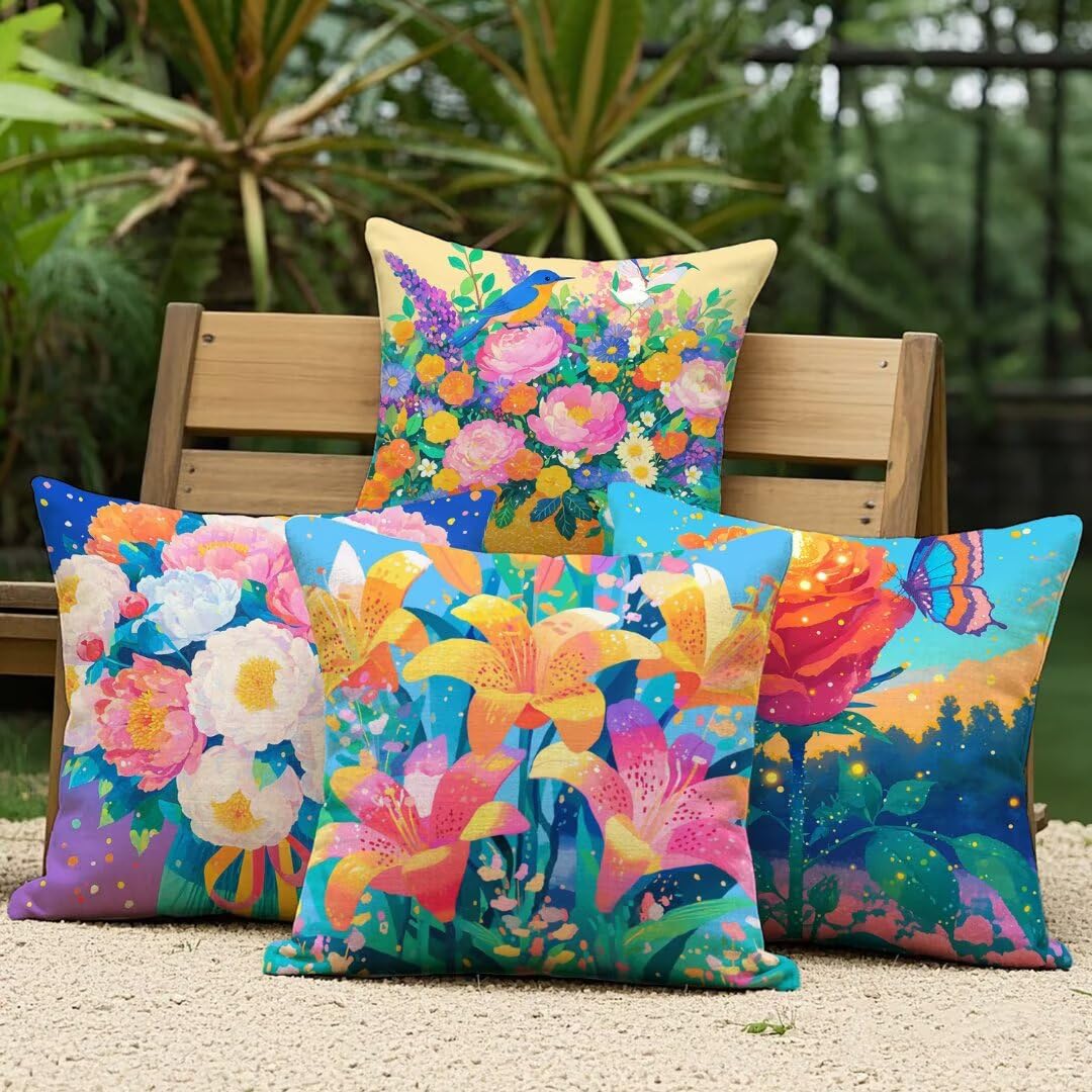 Lot de 4 Housse de Coussin 45x45cm,Housse de Canapé Fleur Motif Décoratif Imperméable Lin Taie d'oreiller avec Fermeture Éclair Invisible,Salon Chambre à Coucher Décoration de Maison,Printemps Ym227