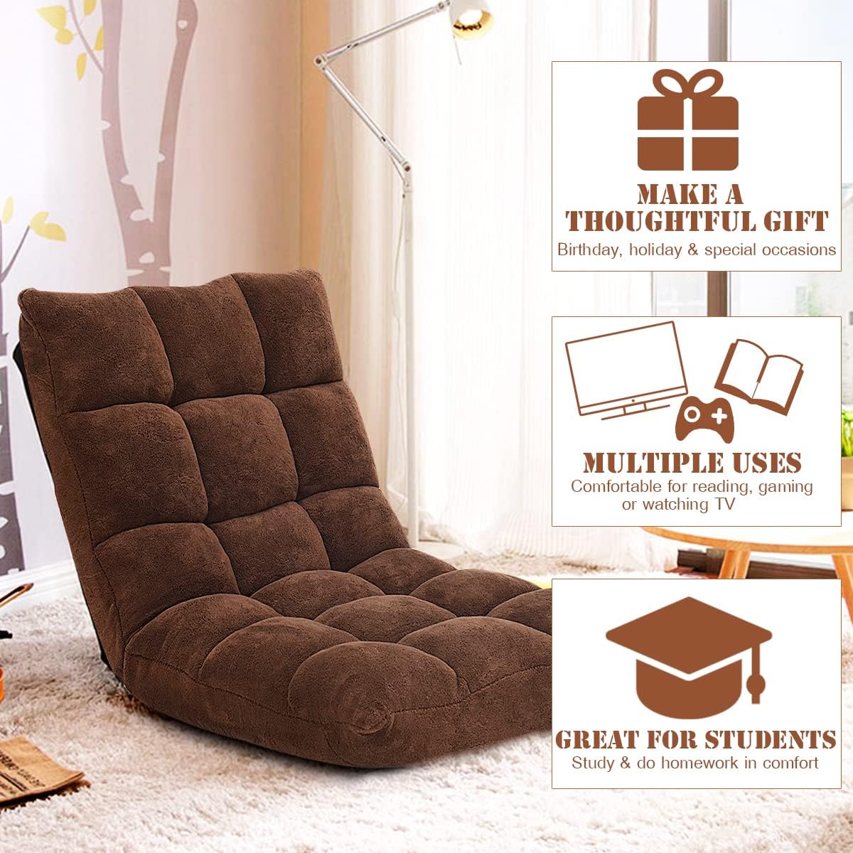 Giantex Floor Chairs for Adults - Floor Gaming Chair with Back Support, Coral Velvet, 14 Adjustable Position, Thick Sponge Padding, Floor Seating Lounge for Reading, Watching TV, Meditation (Brown)