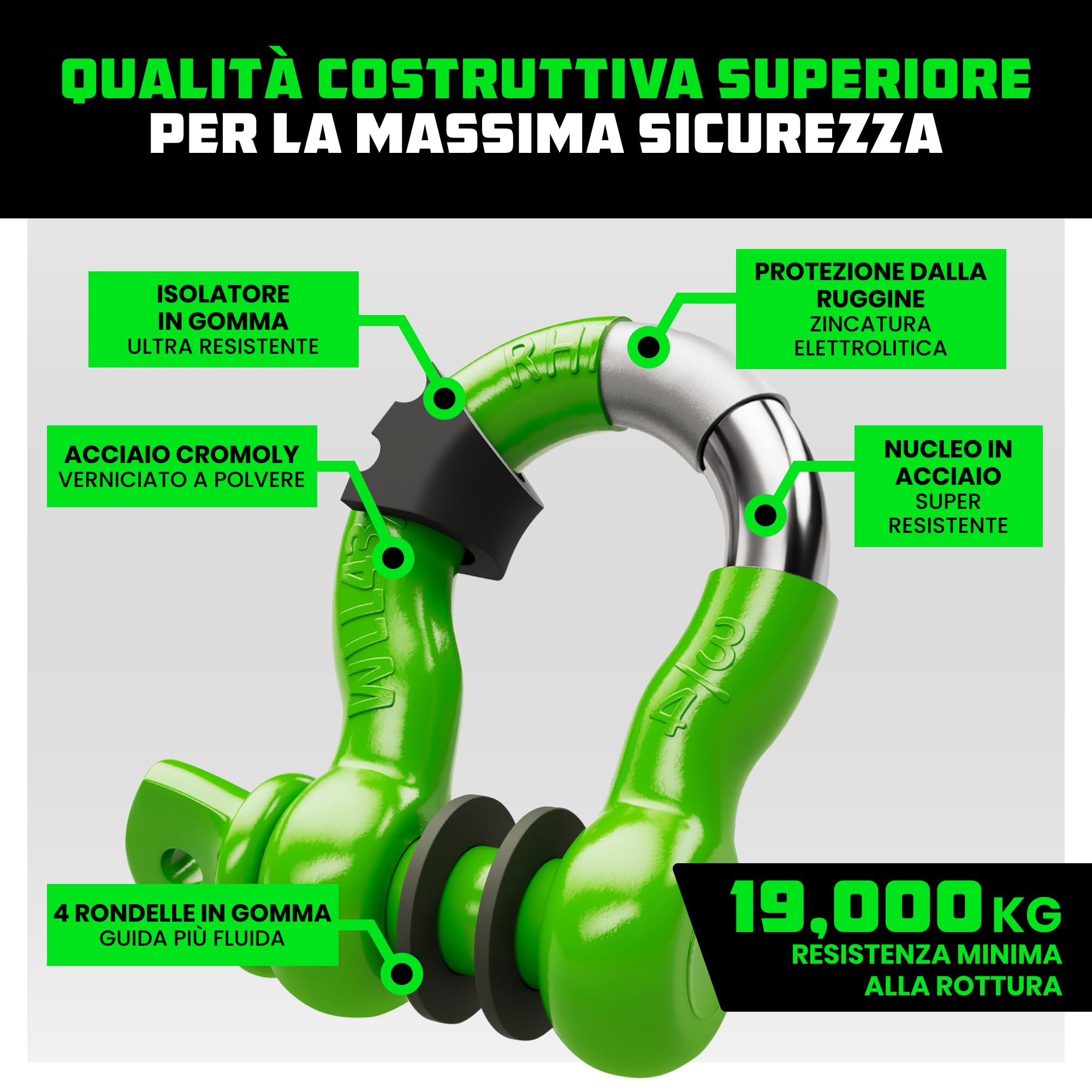 Rhino USA D-Ring Clevis (2 Pezzi) – Resistenza alla Rottura di 18.983 kg - D Annello 1,9 cm con Pin da 2,2 cm per Rimorchio e Uso Off-Road - Coppie con Cinghia di Recupero per Veicoli (Verde)