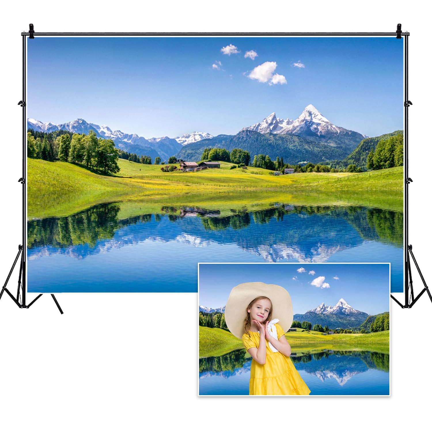 Vie Savaran 7x5ft Mountain Lake Backdrop Spring Nature Landscape Background Countryside Blue Sky White Cloud Green Grassland Rural Photography Banner