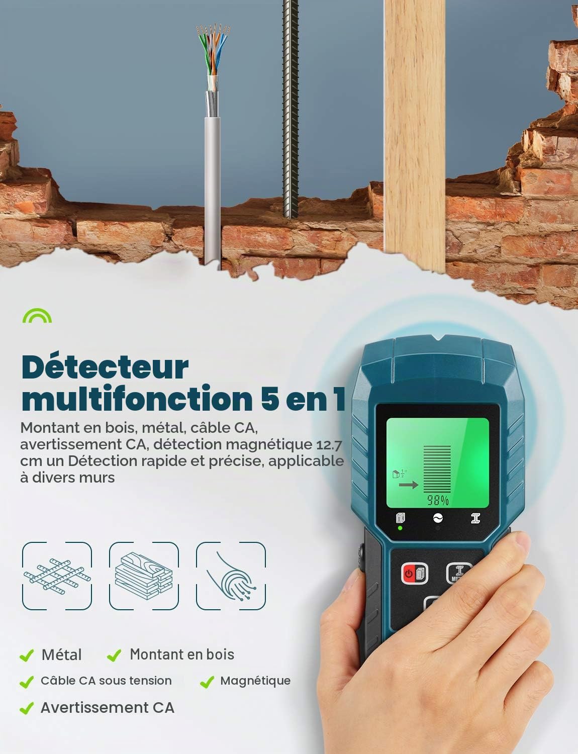 5 en 1 Détecteur numérique en métal et câbles électriques Stud Finder avec LCD et indicateur acoustique portable multifonctions, détection de bois/métal magnétique ou non magnétique/AC