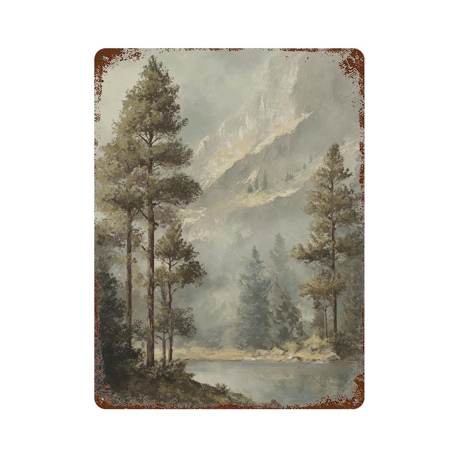 xiaoxiaoshen Mountain Forest Landscape Misty Pine Trees Lake Tranquil Nature Painting Cabin S Wall Decor Art Metal Tin Poster Modern Home Decor Art Home Bar Shop Decorations Vintage Sign 40x30cm