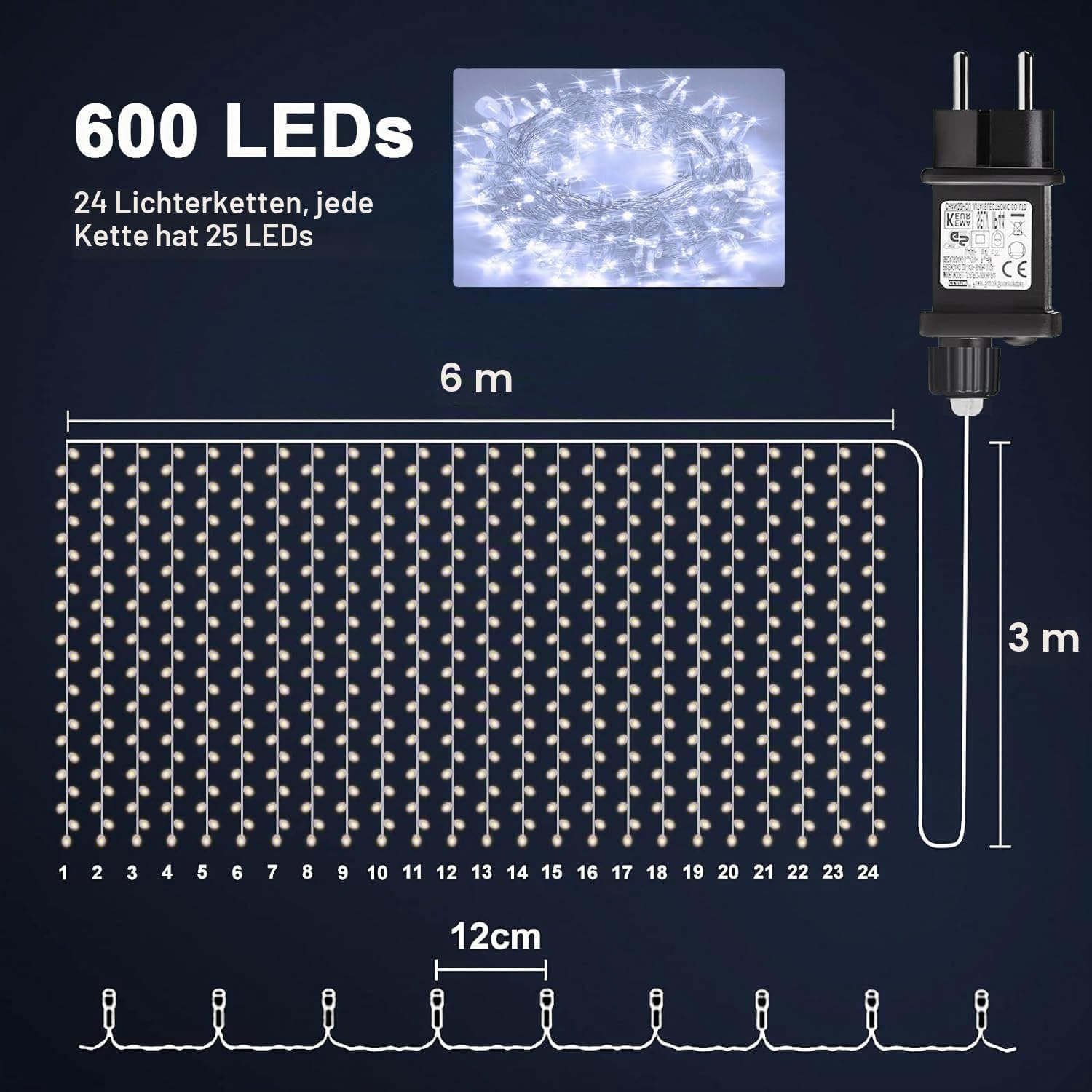 yowin 2 Stück Lichtervorhang 6m x 3m 600 LED Lichterkette Vorhang mit Stecker, 8 Modi Weihnachtsbeleuchtung Wasserdicht Wasserfall Lichterkette für Weihnachten Hochzeit Innen Außen Deko - Weiß