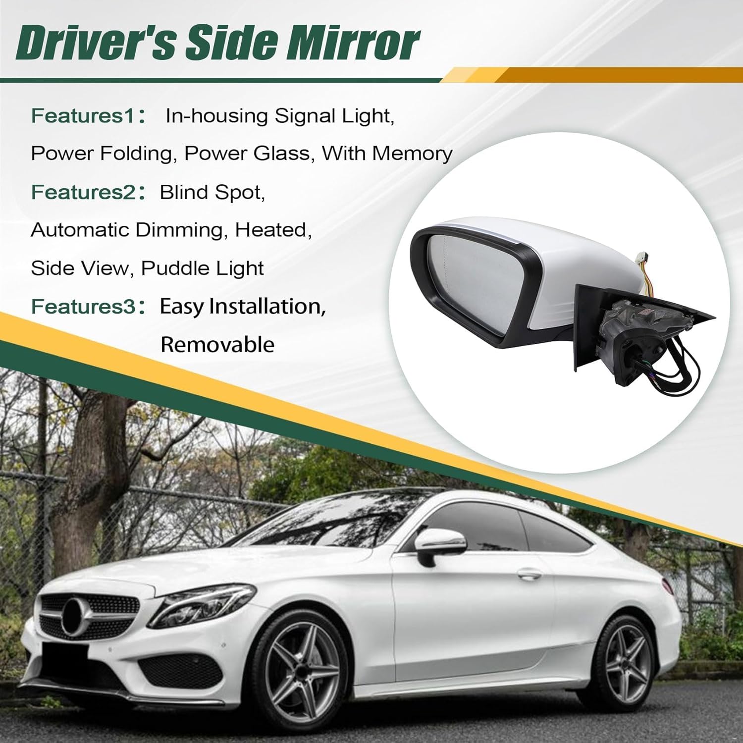 Priprilod Exterior Mirrors White Left Driver Side Fit For Mercedes-benz C250 C300 C350 C63 2015-2021 Blind Spot，In-housing Signal Light，Power Folding，Power Glass，Heated，With Memory，With Puddle Light