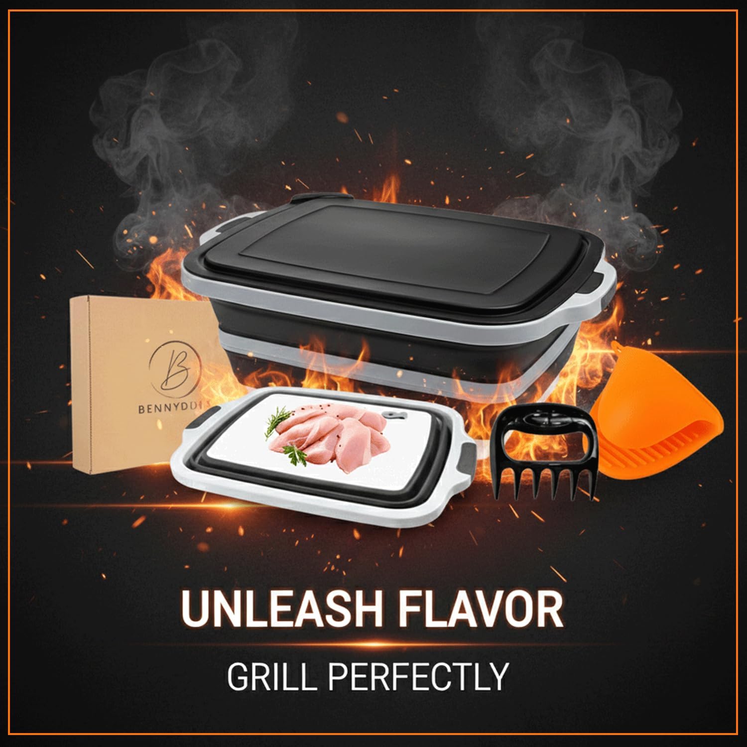 BBQ Prep Tub | Meat Prep Tub with Locking Lid, 2 Meat Shredder Claws & BBQ Mitts Collapsible with Cutting Board, Drain Plug Portable for Camping & Grill Design Picnic,Marinating Meat,Easter Gift