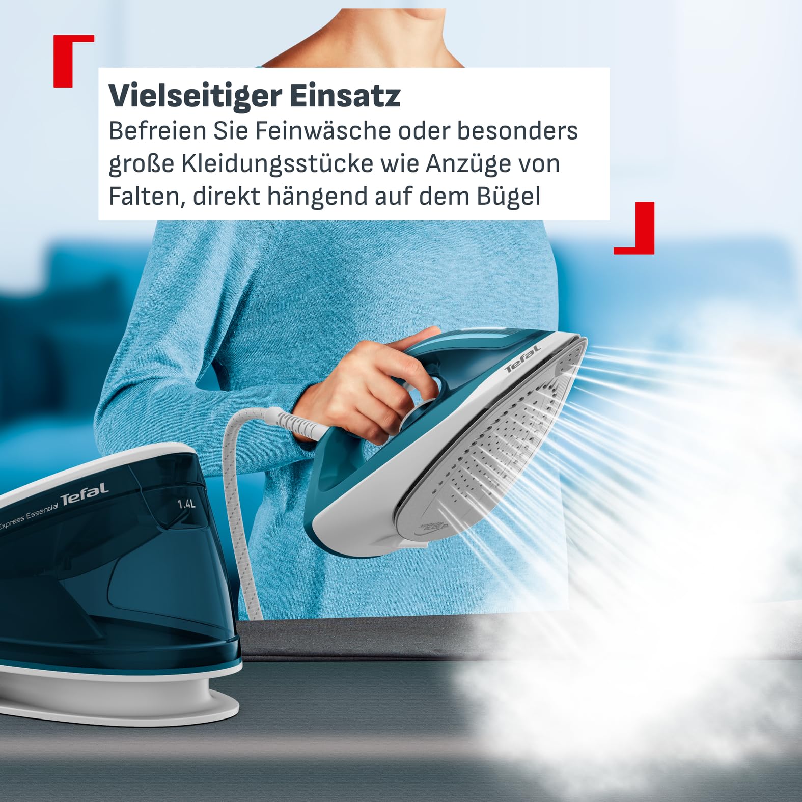 Tefal SV6115 Express Essential Dampfbügelstation|5,2 bar|Dampfstoß: 280 g/Min.,Dauerdampfmenge: 120 g/Min.|Calc Clear-Technologie|Xpress Glide Bügelsohle|2200W| 1.4L|36.2x17.9x25.6 cm,Blau/Weiß