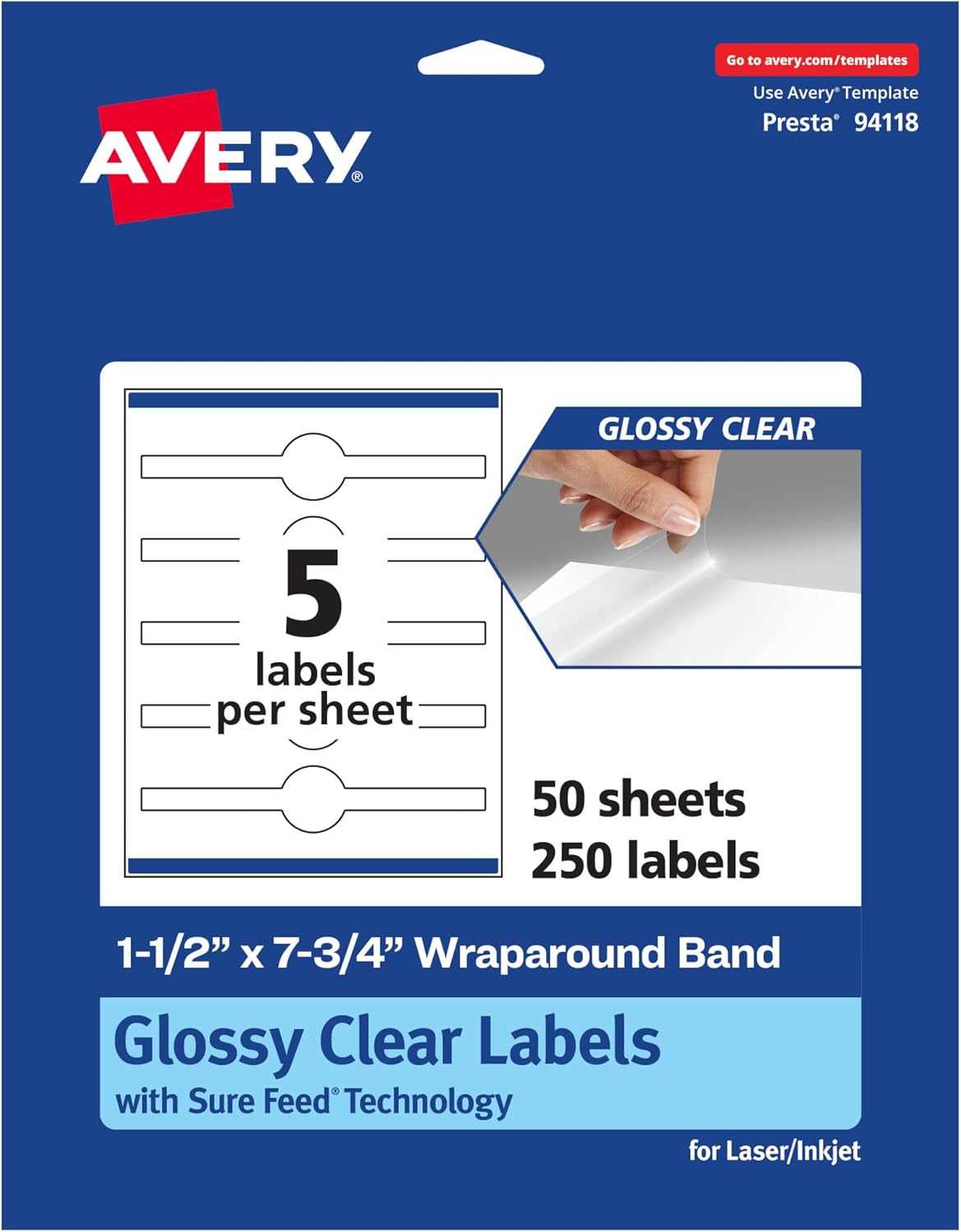 Avery Glossy Clear Wraparound Band Labels, Sure Feed Technology, 1.5" x 7.75", Cigar Band Labels, 250 Total, Print-to-The-Edge, Laser/Inkjet Printable