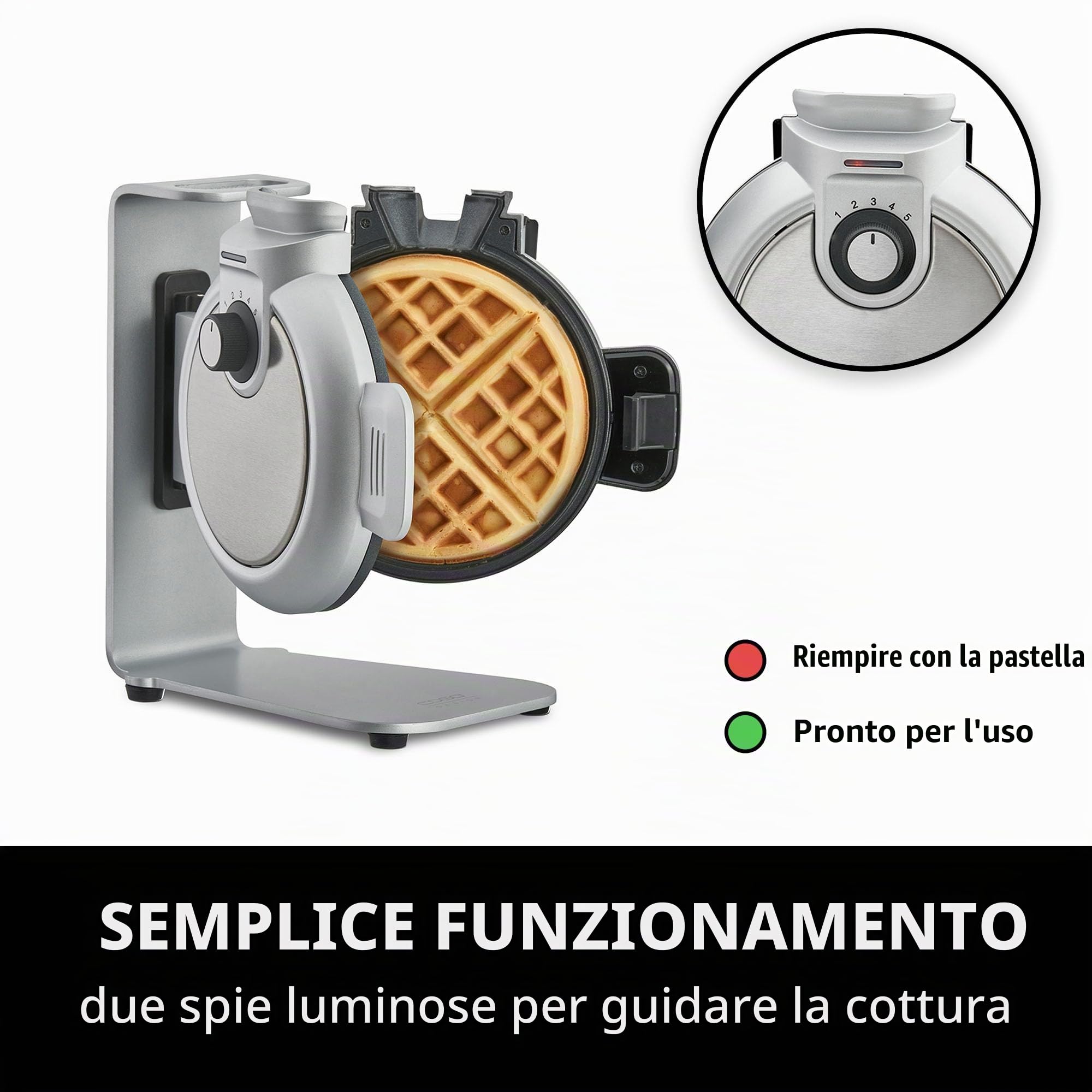CASO WaffleUp, piastra verticale per waffle belga, per waffle belghe perfette, 5 livelli di doratura selezionabili, rivestimento antiaderente a 2 strati, nessun impasto in eccesso, acciaio