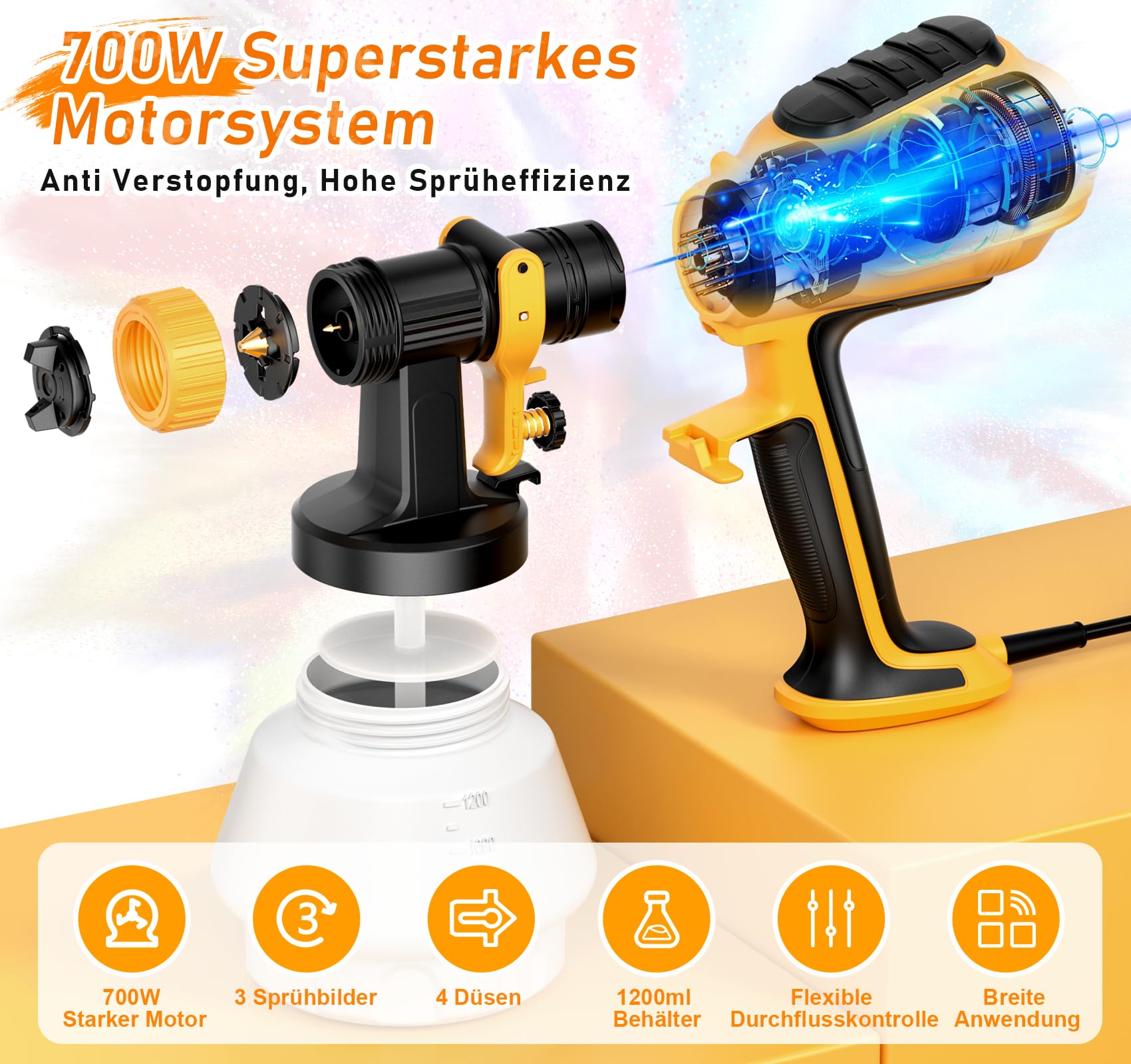 Farbsprühsystem Wandfarbe, Kroosim Update 700W HVLP Elektrisches Lackierpistole mit 4 Düsen und 3 Sprühmuster, 1200ML Verstellbarem Farbfluss Farbsprühgerät für Zäune, Schränke, Decken, Möbel