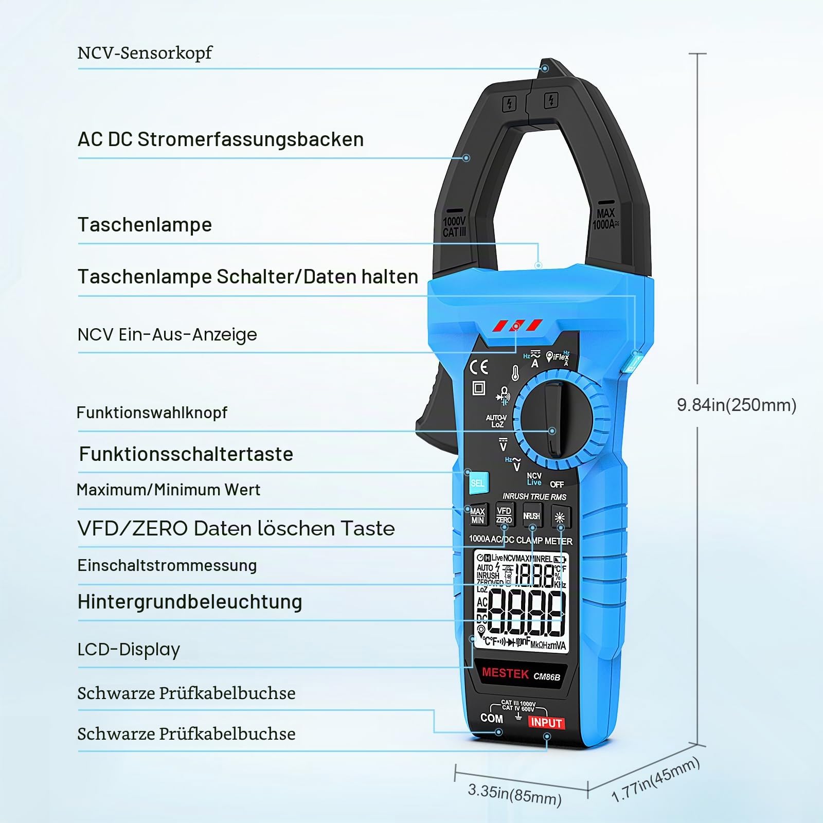 Zangenmultimeter Digital Stromzange Multimeter Clamp Meter AC/DC MESTEK 1000A TRMS 6000 Zähler Strommesszange mit VFD, LOZ-Modus Misst Strom Spannung Temperatur Widerstand Kapazität Frequenz