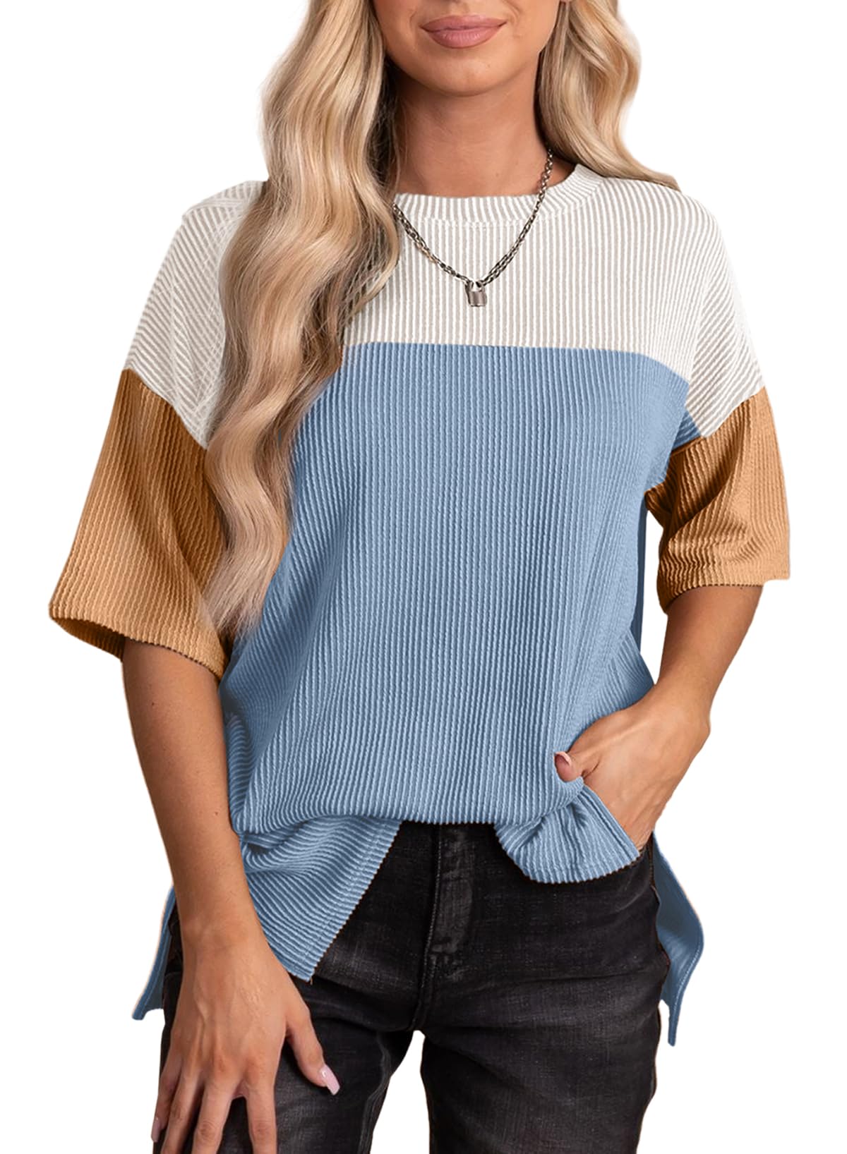 EVALESS Womens Summer Short Sleeve Crewneck Shirts Tops 2025 Fashion Color Block Casual Tunic Top