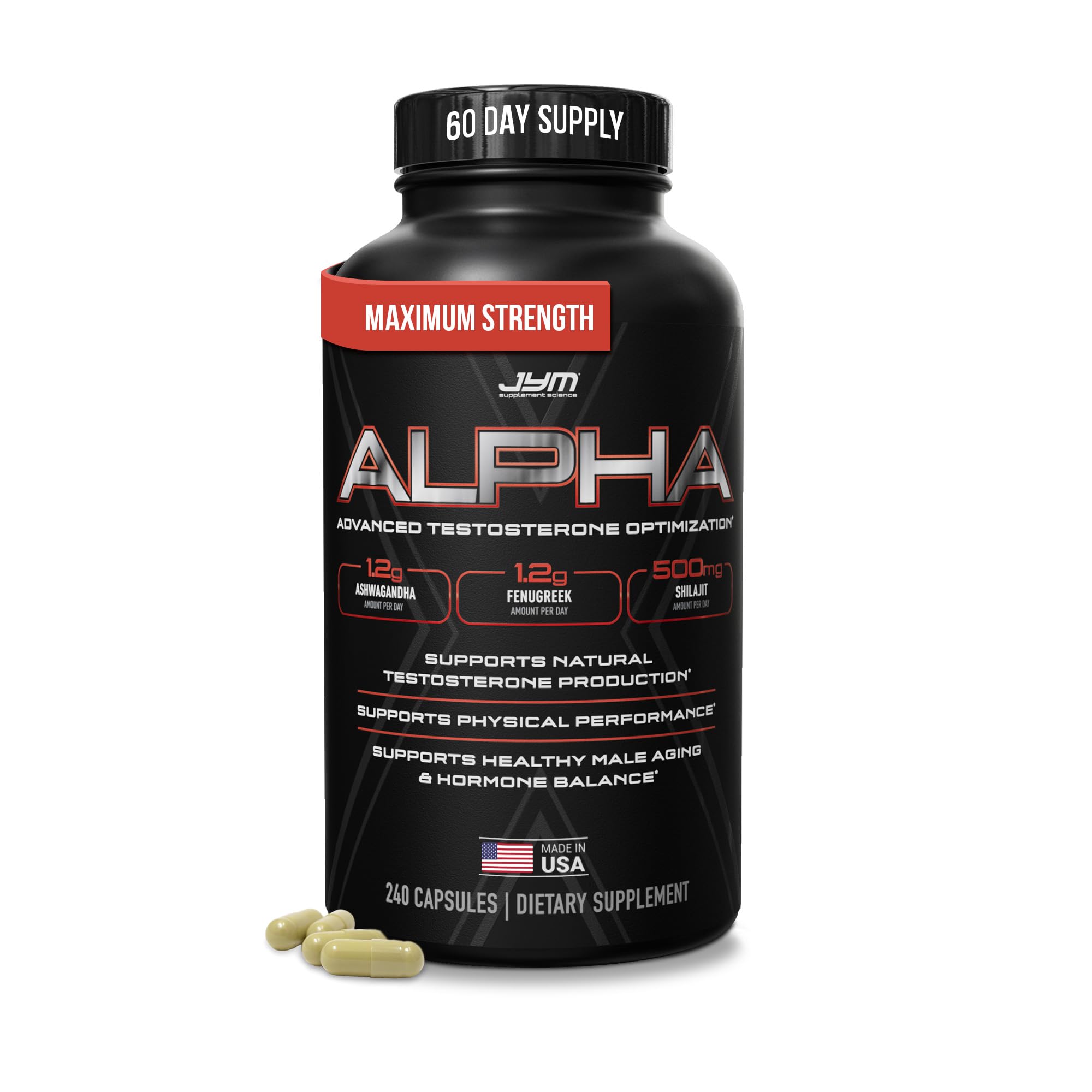 Alpha JYM X Advanced Hormone Optimization, Vitality, Optimization, DHEA, Ashwagandha, Boron, Shilajit, Fenugreek, Eurycoma, Damiana, Quercetin, DIM, JYM Supplemental Science, 240 Capsules