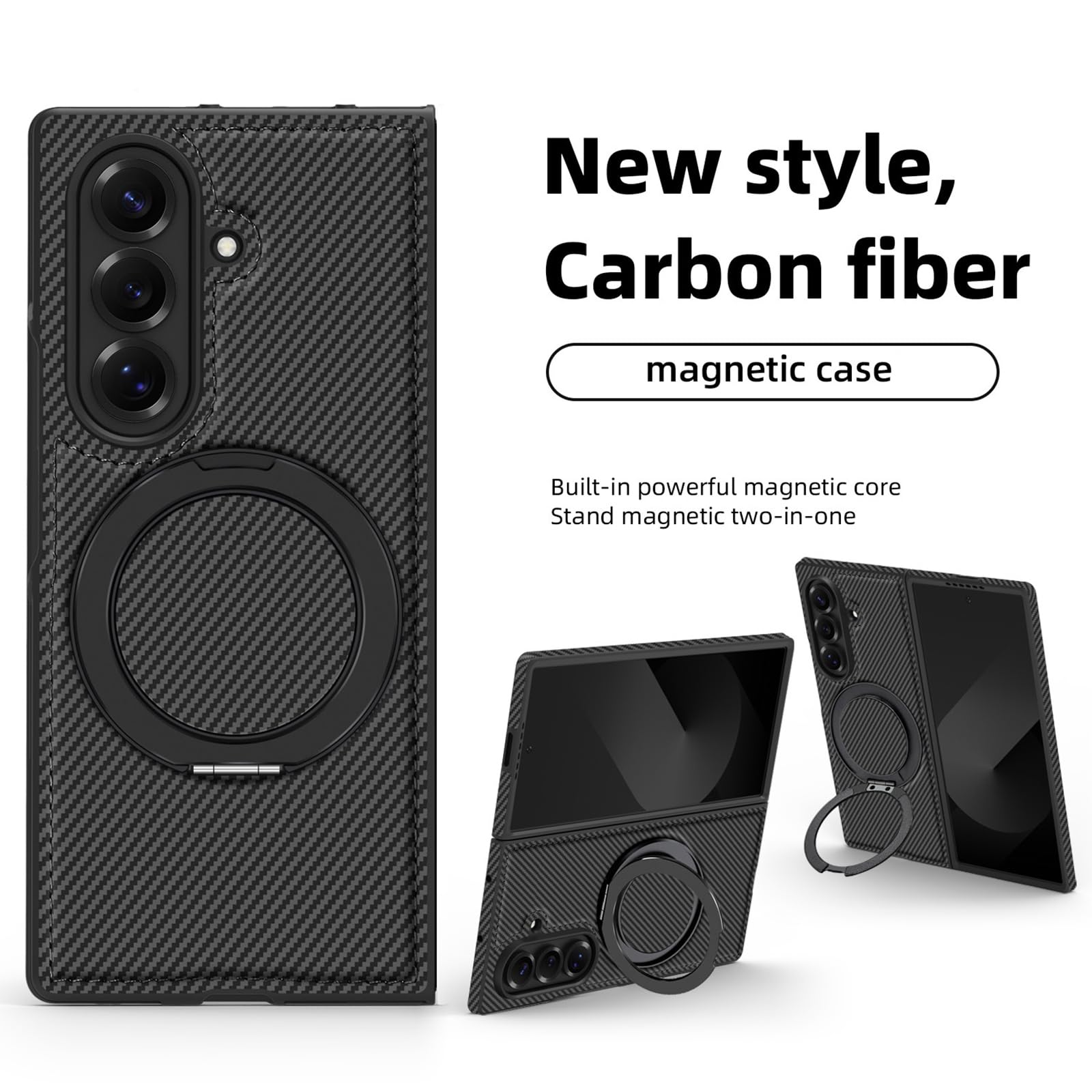 Cover Magnetica Per Samsung Galaxy Z Fold 8 Ultra Carbonio Anello | Cover business in pelle fibra di carbonio sottile con anello rotante. Design magnetico per uso quotidiano(Blue)