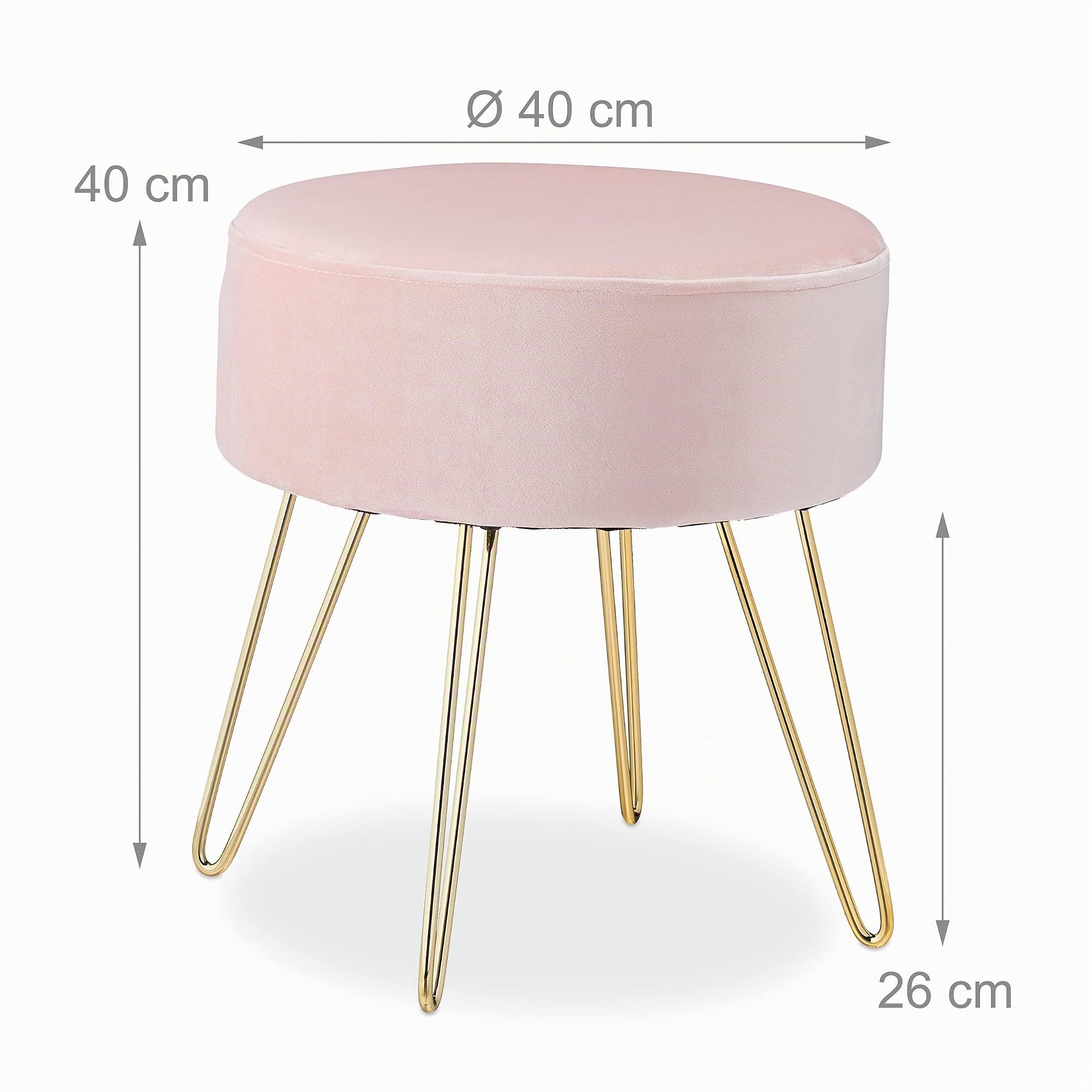 Relaxdays Taburete Terciopelo, Redondo, Banqueta Acolchada Elegante, Patas de Metal Doradas, Moderno, 40 x 40 cm, Rosa