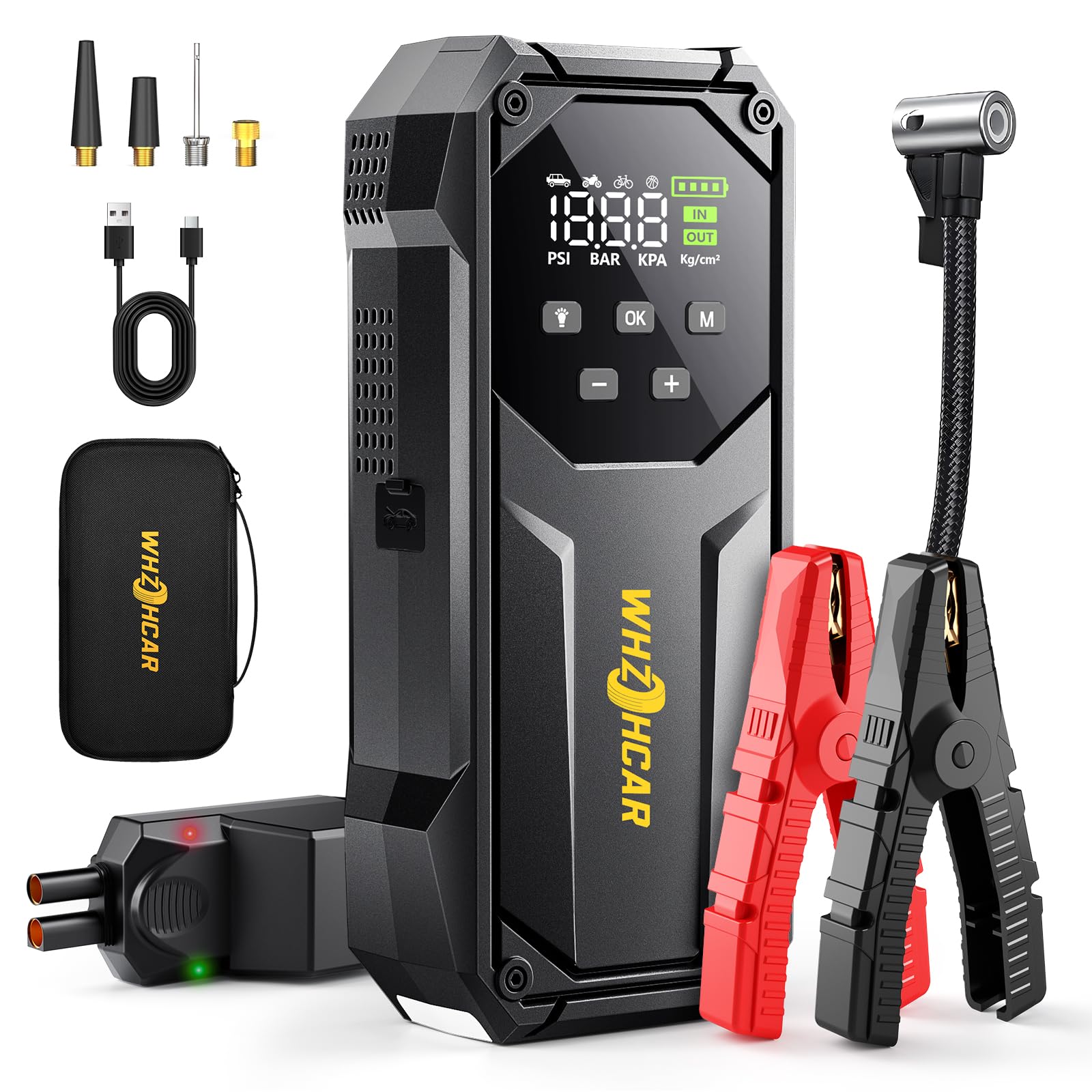 Avviatore Batteria auto 160PSI 9000A Booster Avviamento | WHZOHCAR Avviatore Emergenza per Auto 12V（Tutti Gas /12L Diesel） Jump Starter con Ricarica Rapida Torcia 600 Lumen LED