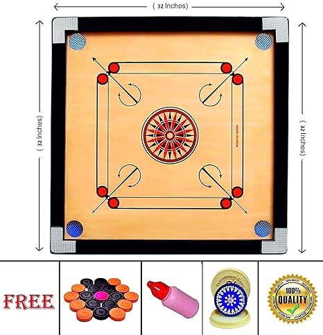 NEXIA Carrom Engineered Wood Gloss Finish Carrom Board with Coins and Striker 2 inch Border 32 Inch Full Size 4 MM Ply