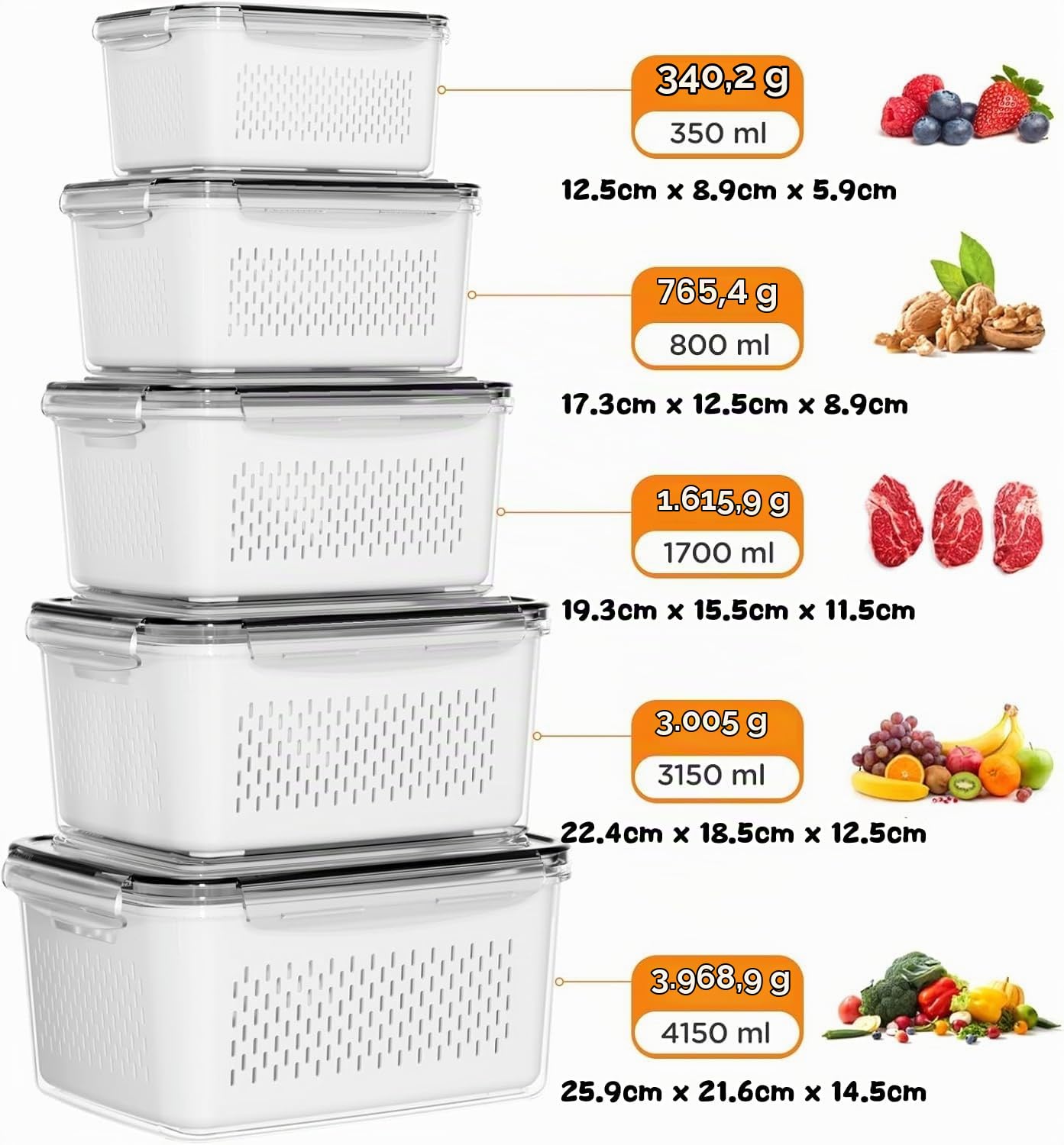 LATERN 5 Stück Kühlschrank Obstaufbewahrung mit Herausnehmbaren Sieben, 4 in 1 Luftdichter Lebensmittel Vorratsbehälter Auslaufsichere Organizer mit Deckel für Salat Obst Gemüse Fleisch Halter Frisch