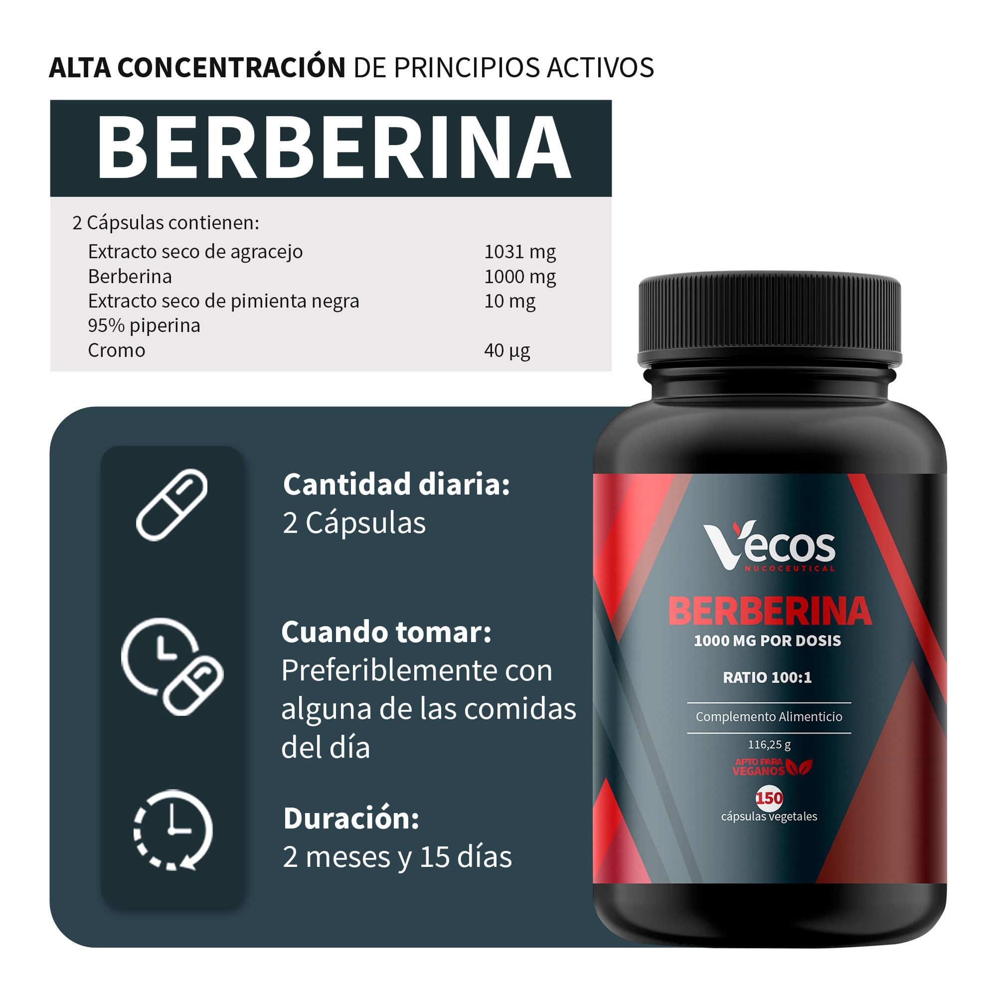 Berberina Pura 1000 mg | Extracto Seco de Berberis Aristata con Cromo y Pimienta Negra para Mejorar la Absorción | 150 Cápsulas Vegetales | Hecho en España (300 Cápsulas (2 Botes))