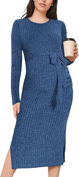 guruixu Crewneck Maternity Sweater Dress Rib Knit Long Sleeve Dresses Slit Pregnancy Sweater Clothes with Belt