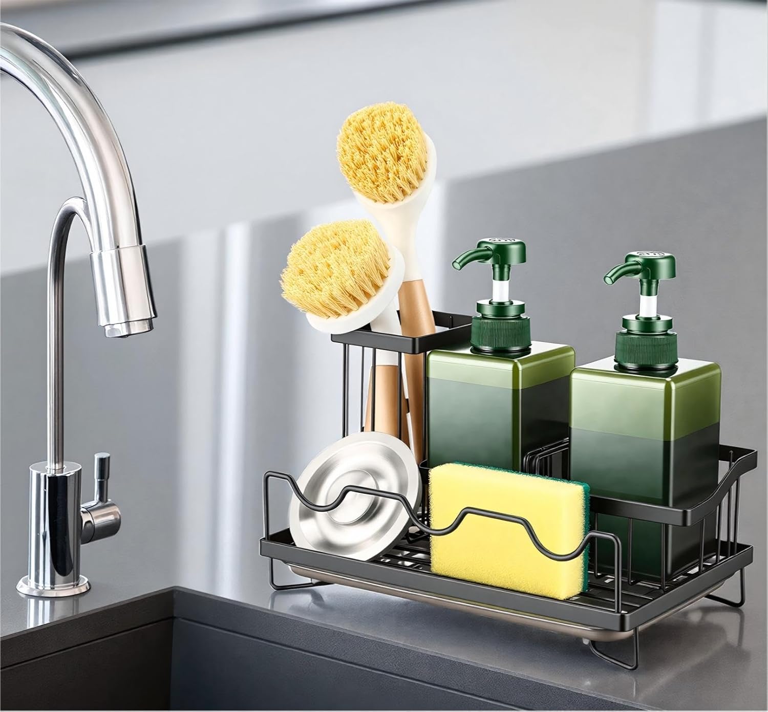Sink Caddy Organizer with Drain Tray Countertop Holder for Sponges Dishwashing Liquid Long Handle Scrubber Compartment - Black