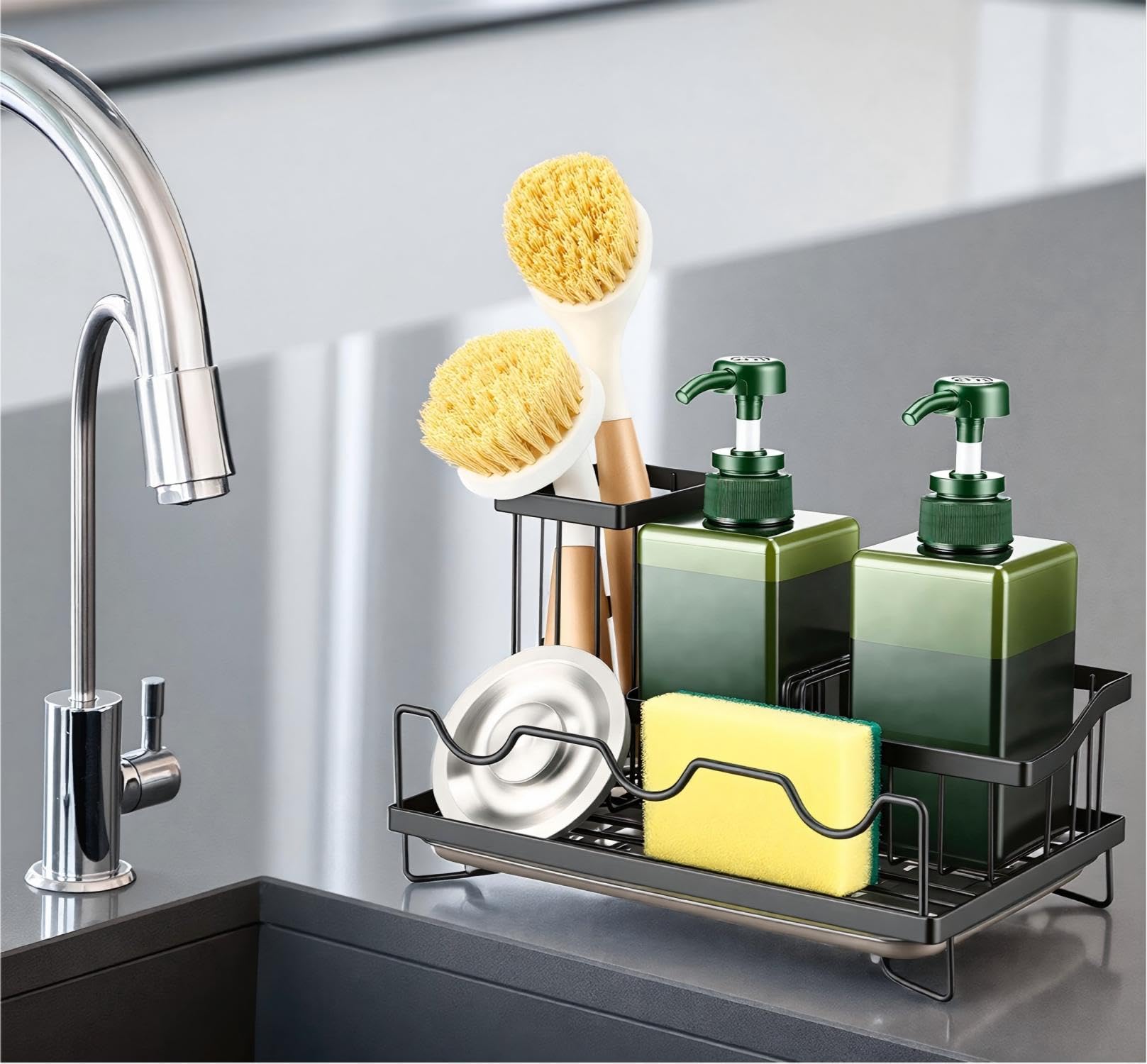 Sink Caddy Organizer with Drain Tray Countertop Holder for Sponges Dishwashing Liquid Long Handle Scrubber Compartment - Black