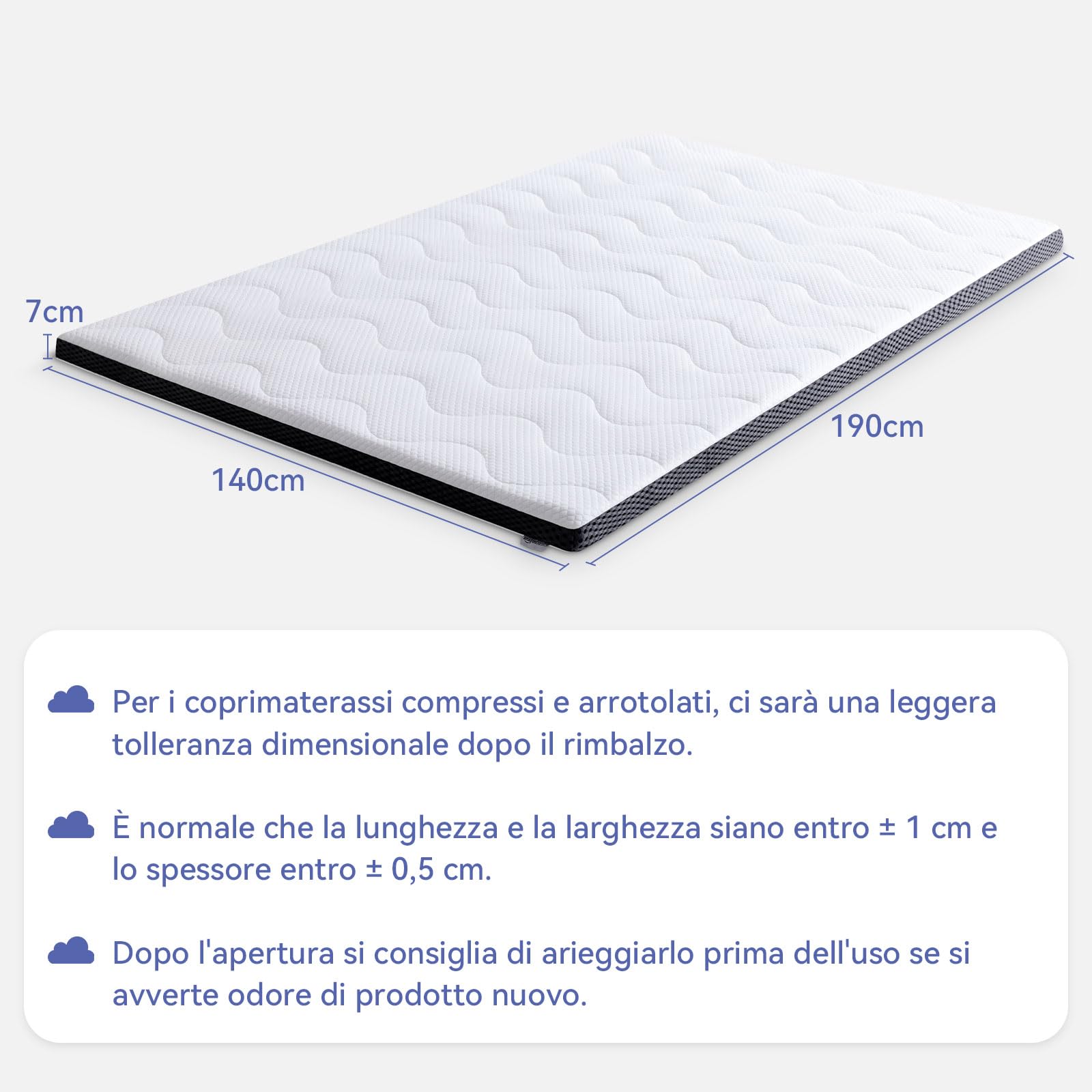Amazon Basics Topper Piazze Francese 140 x 190 cm in Memory Foam con Gel Rinfrescante, 7 cm Coprimaterasso, Bianco