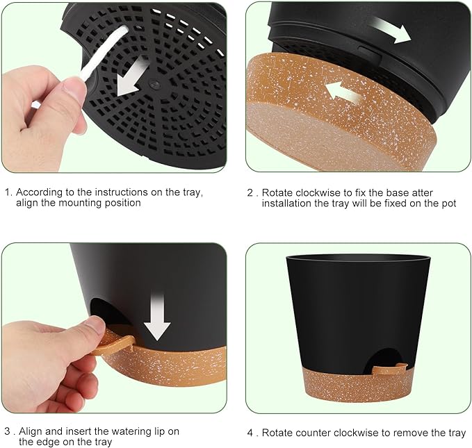 Each set includes 6 pots, making it convenient for displaying multiple plants throughout your home or office. The drainage holes in these planters prevent water from pooling at the bottom and potentially causing root rot, while the saucers catch any excess water to keep your surfaces clean. With the self-watering feature, you can simply fill the reservoir at the bottom of the pot and let the plant absorb water as needed, promoting healthy growth and reducing the risk of overwatering. Description by ChatGPT.