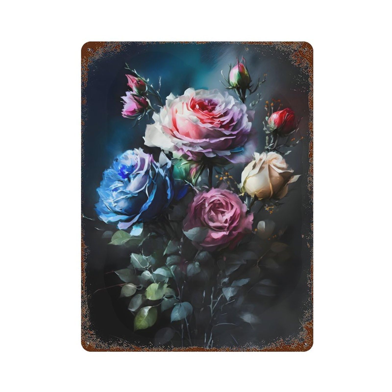 Rust Effect Colorful Flowers Roses Rusty Metal Tin Sign 15.7"x11.8", Rustic Home Decor for Living Room, Hallway And Home Decor