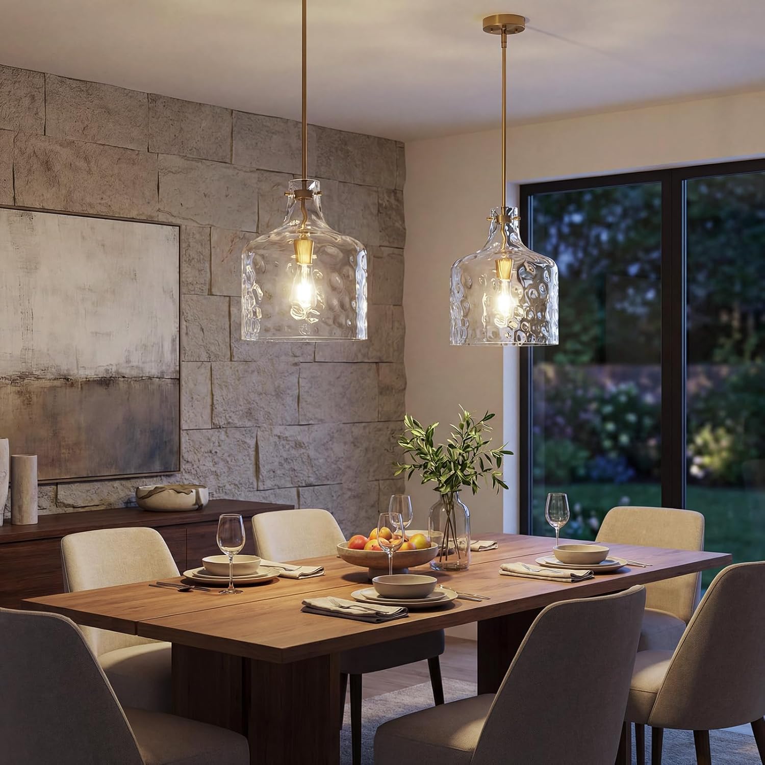 Modern Gold Pendant Light Fixture Hand-Blown Clear Hammered Glass Shade Farmhouse Pendant Lights Height Adjustable Hanging Light for Kitchen Sink Dining Room Kitchen Island