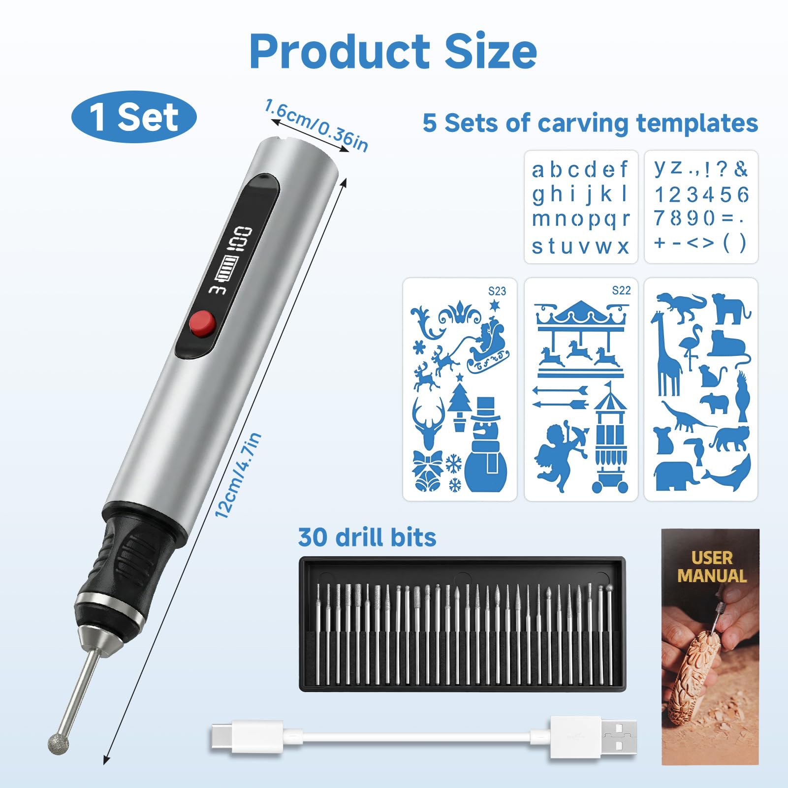 Stylo Graveur Électrique Sans Fil, Pignon de Gravure Électrique avec 30 Bits, Jusqu'à 25.000 U/min, Mini Graveur, Rechargeable par USB, pour Bois, Bijoux, Métal, Verre, Céramique, pour Bricolage