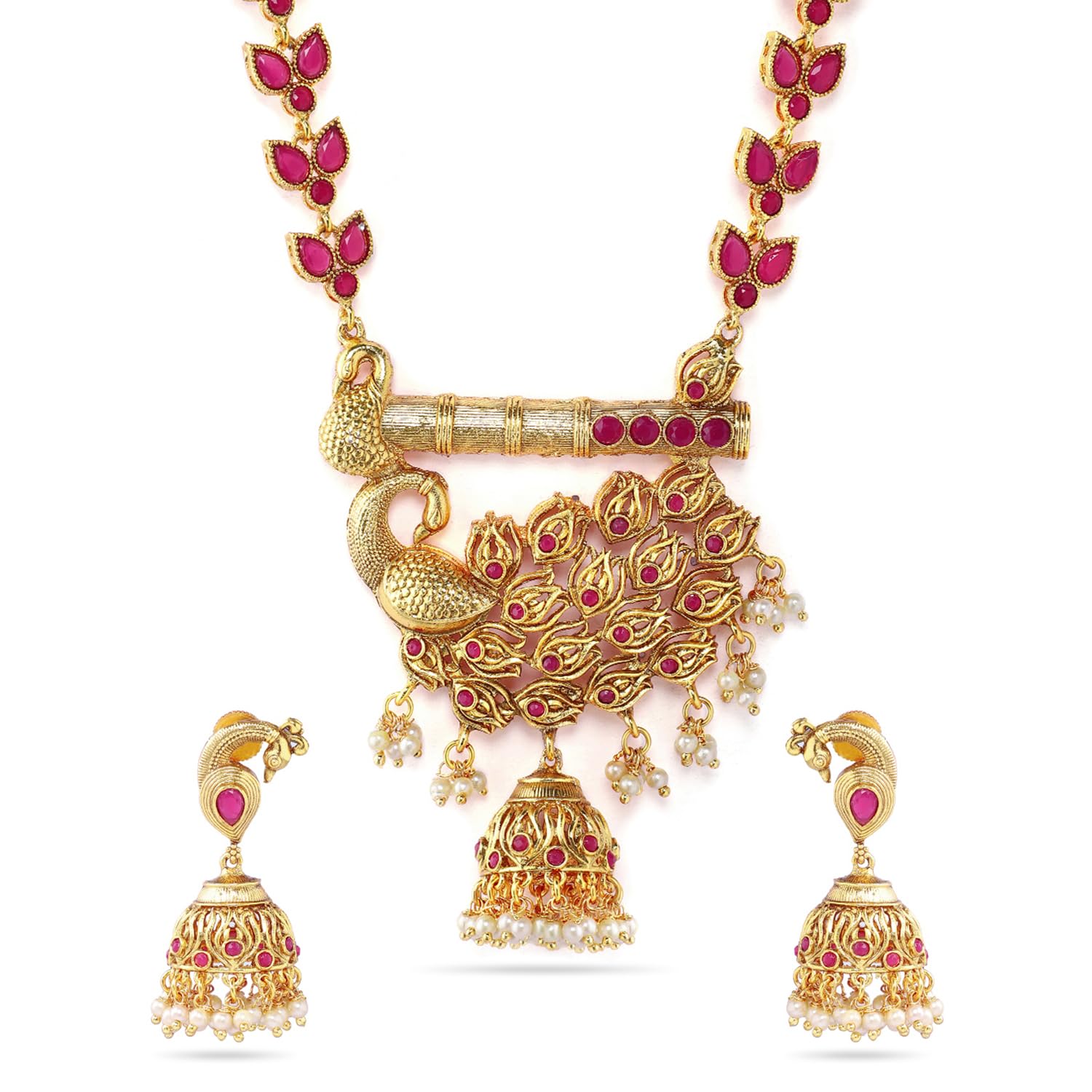 Rubans Women Gold-Plated Pink Handcrafted Faux Ruby Studded Jewellery Set
