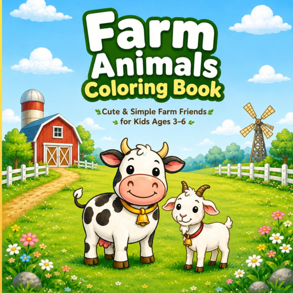 Farm Animals Coloring Book for Kids Ages 1-4: Fun and Easy Coloring Pages with Cow, Goat, Sheep, Pig, Horse, Chicken and More Farm Animals