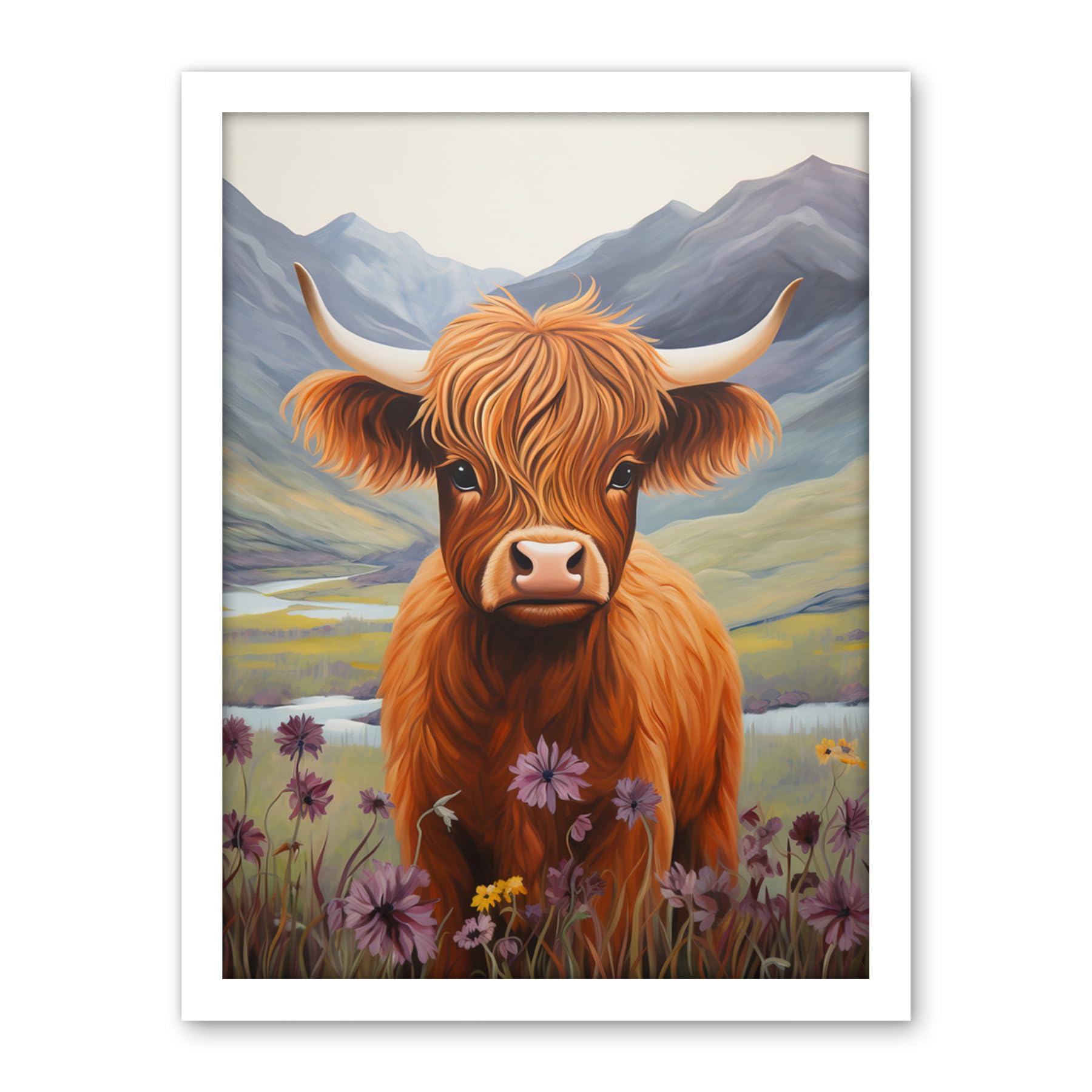 Artery8 Kids Bedroom Nursery Artwork Highland Calf Cow in Heather and Cornflower Glen Scotland Artwork Framed Wall Art Print 18X24 Inch