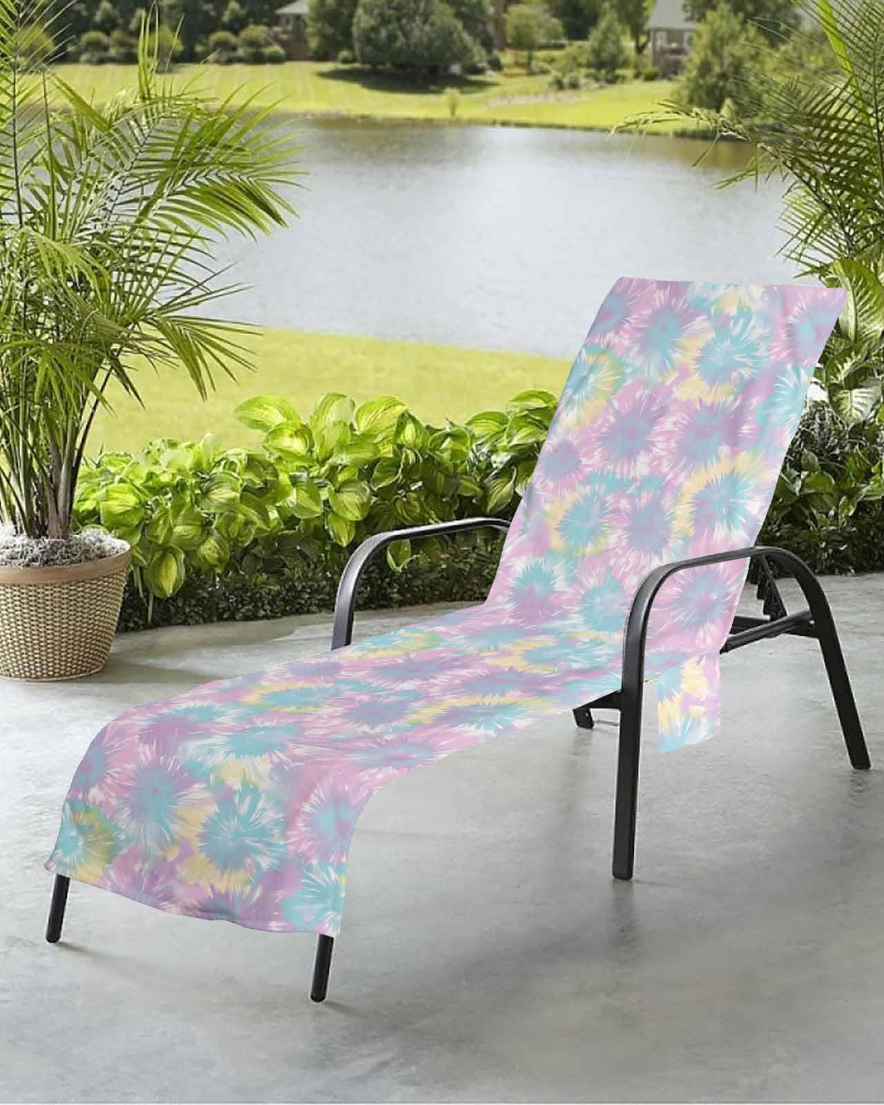 Beach Pool Patio Lounge Chaise Chair Cover Towel with Pockets,Teal Purple Absorbent & Quick Dry Microfiber Towel Cover Bag Summer Travel Accessories Rainbow Stained Tie Dyeing Rainbow Modern Boho