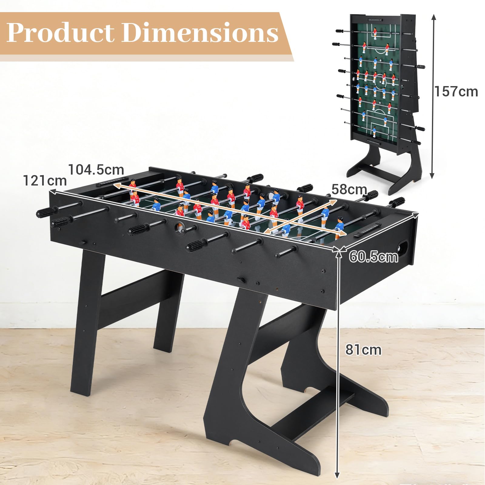 HOMASIS Kickertisch, klappbarer Tischfußball inkl. 22 Kicker, 2 Bällen & 2 Punktezähler, Tischkicker für Erwachsene & Kinder, Fußballtisch, Spieltisch für Partys & Bars, 121 x 60,5 x 81 cm