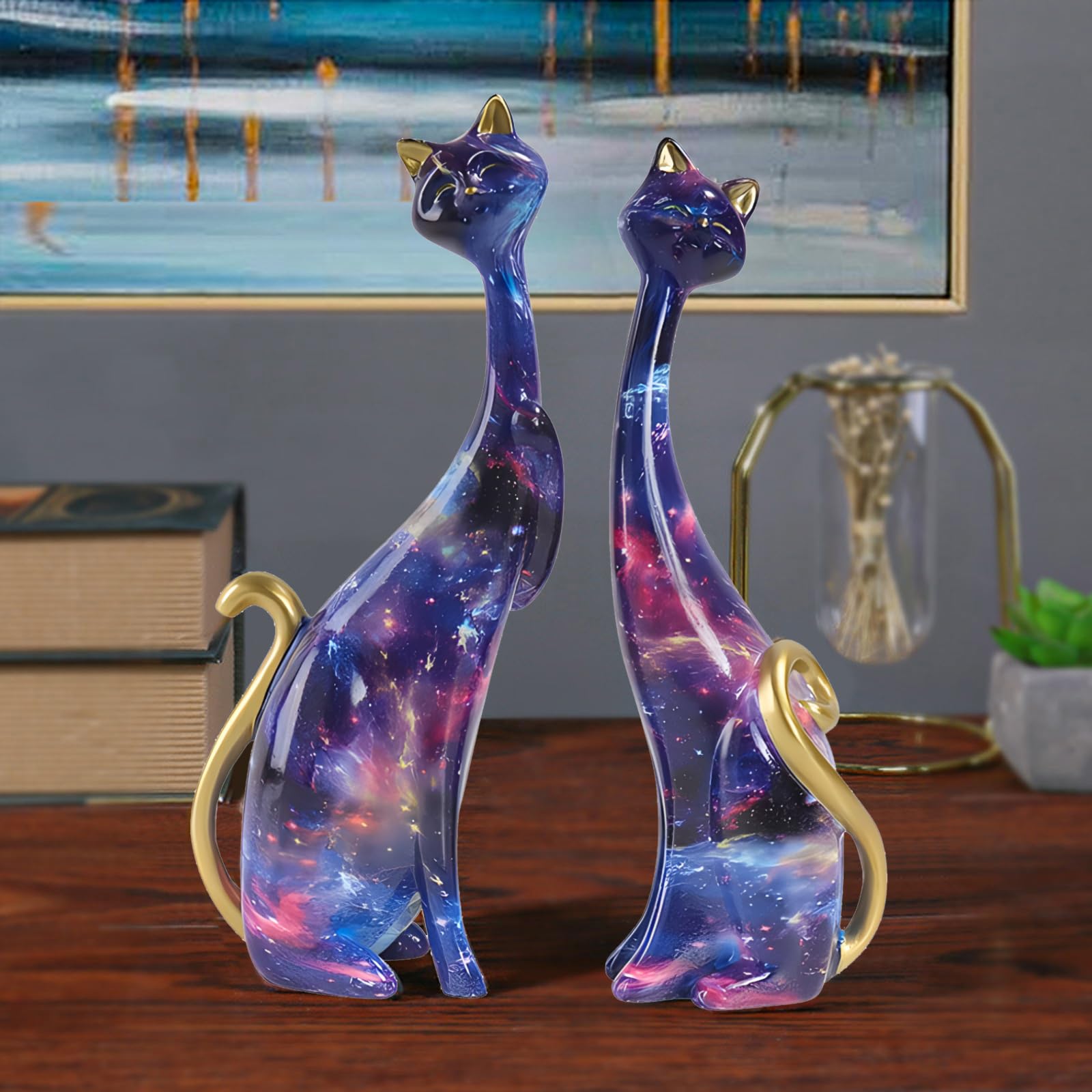 LIKEUDO Set of 2 Resin Cat Statues Sculptures Cat Figurine (Starry sky), Multicolour, 12*6*24.5cm - Image 3