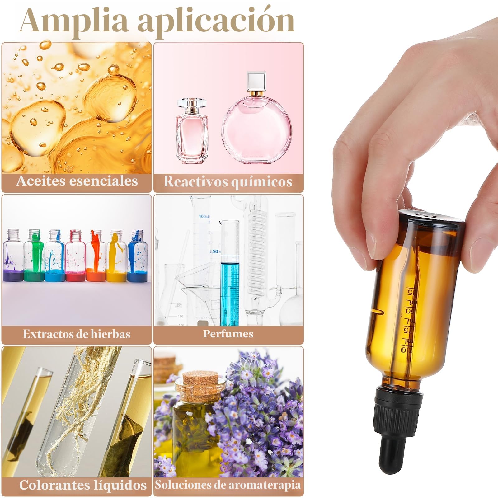 Frascos de vidrio marrón 50 ml con pipeta para aceites esenciales - 6 unidades