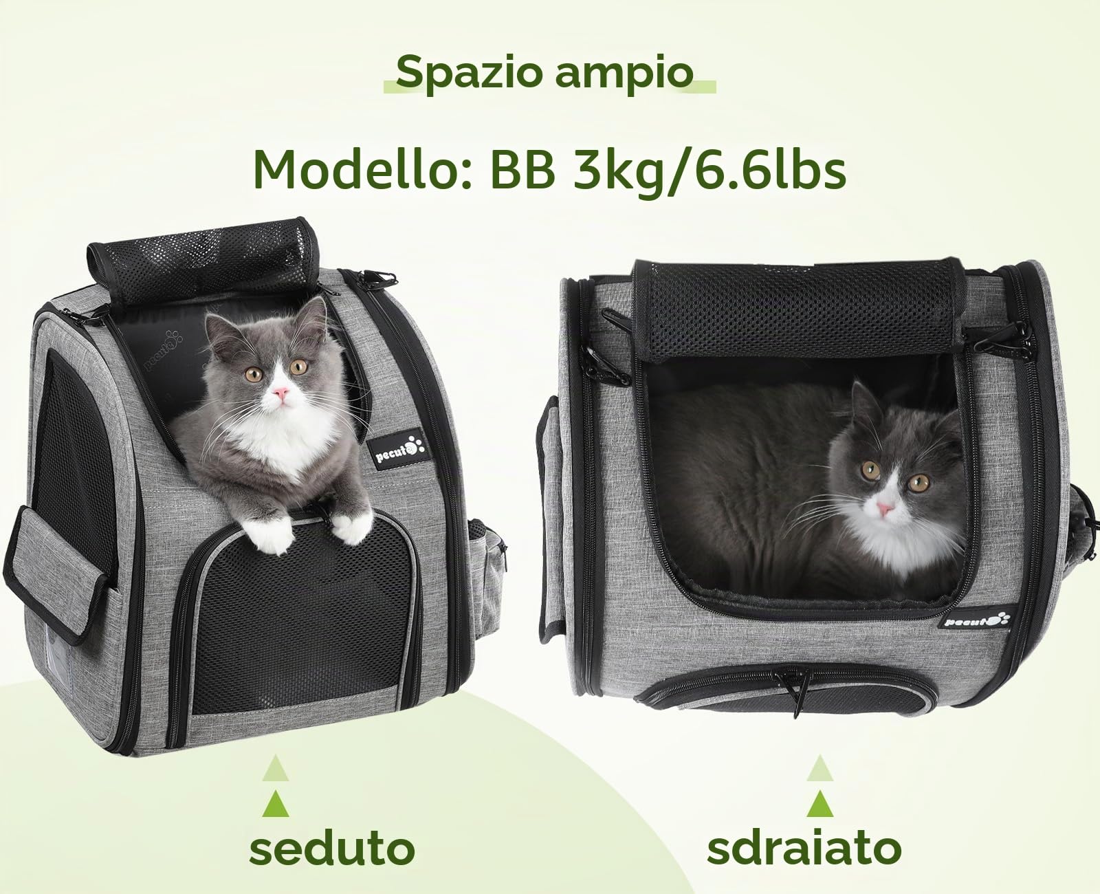 Pecute Zaino per cani e gatti, zaino per piccoli animali domestici, zaino portatile traspirante con apertura frontale e tasche a rete, spazio arioso per il trasporto di cuccioli di cani e gatti
