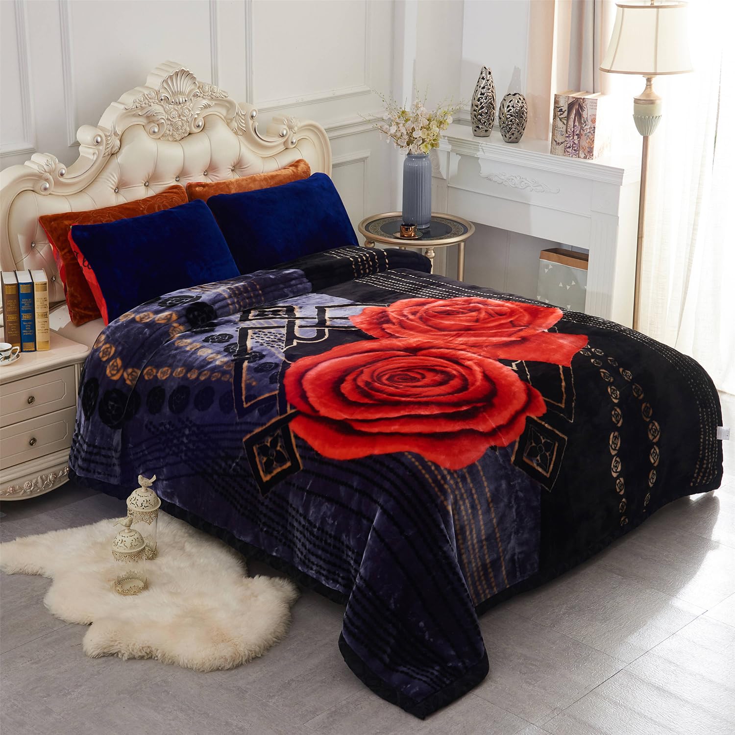 Sponsored Ad - JYK Soft Fleece Blanket King Size 85" x 93", 10 LB Fluffy Warm Thick Blanket for Autumn Winter, A&B Pattern Printed Double Sided Embossed Plush Mink Blanket, Rose