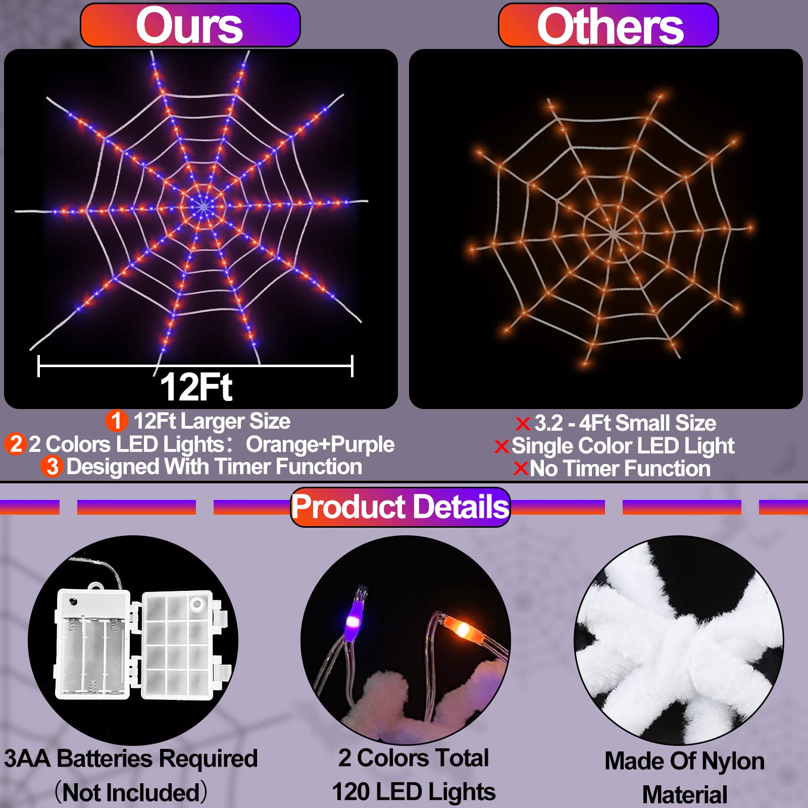 [ Prelit & Avoid Tangled Mess ] 12Ft 120LED Giant Halloween Spider Web Decor with Orange Purple Net Lights Timer Battery Operated Waterproof Halloween Decorations Outdoor Indoor Home Yard Garden Patio