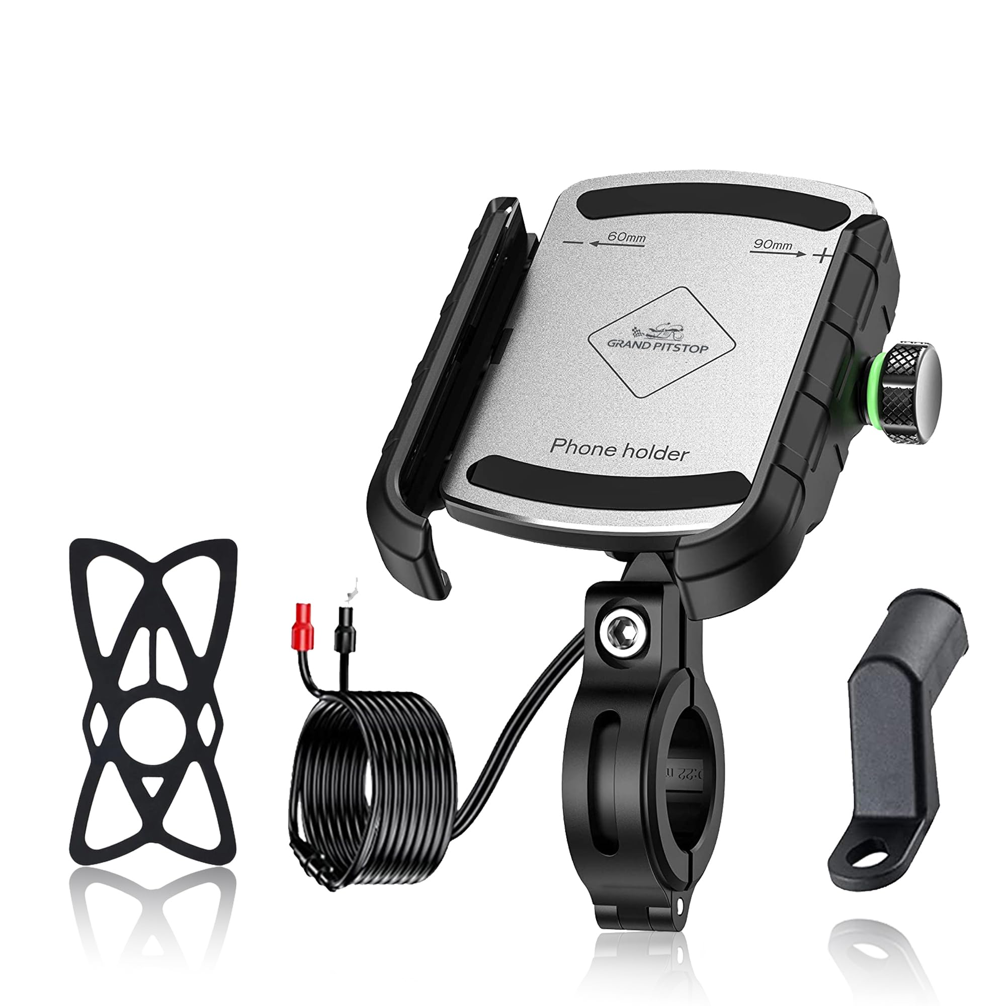 GRAND PITSTOP Mobile Holder for Bikes, Motorcycle, Scooter, Bicycles, Jaw Grip with Charger Bike Mobile Holder for Maps and GPS Navigation with 360° Rotation Aluminium Handlebar Phone Mount-Silver-image-33